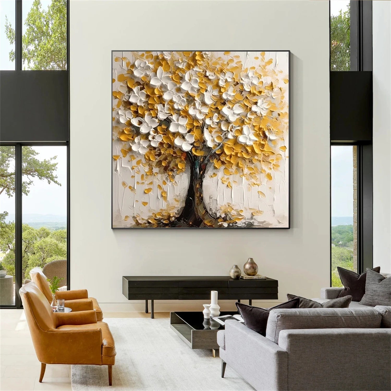 Golden White Textured Tree Painting | Modern Floral Art #JJ 350