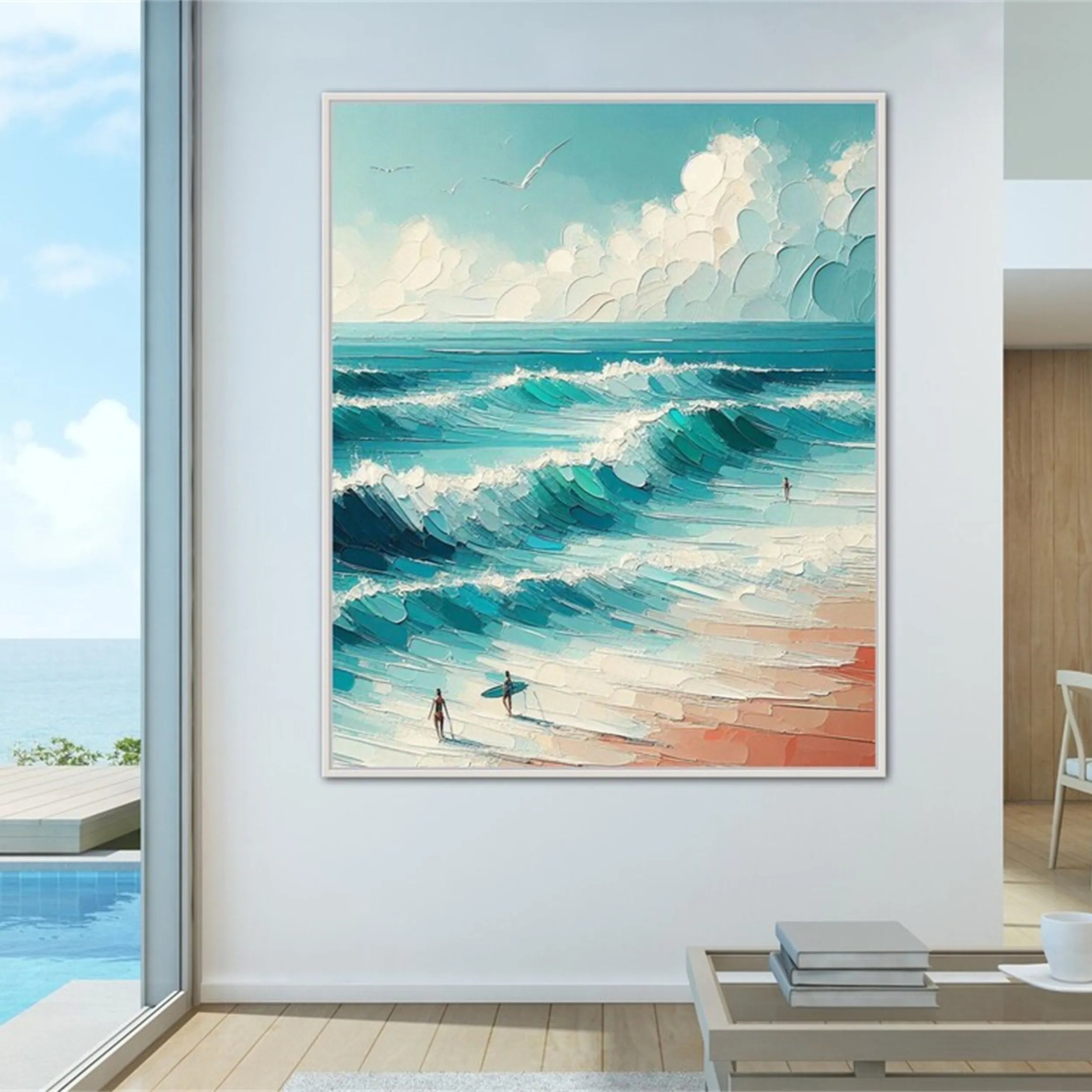 Hand-Painted Ocean Waves Canvas Art - Coastal Living Room Decor #JJ 145