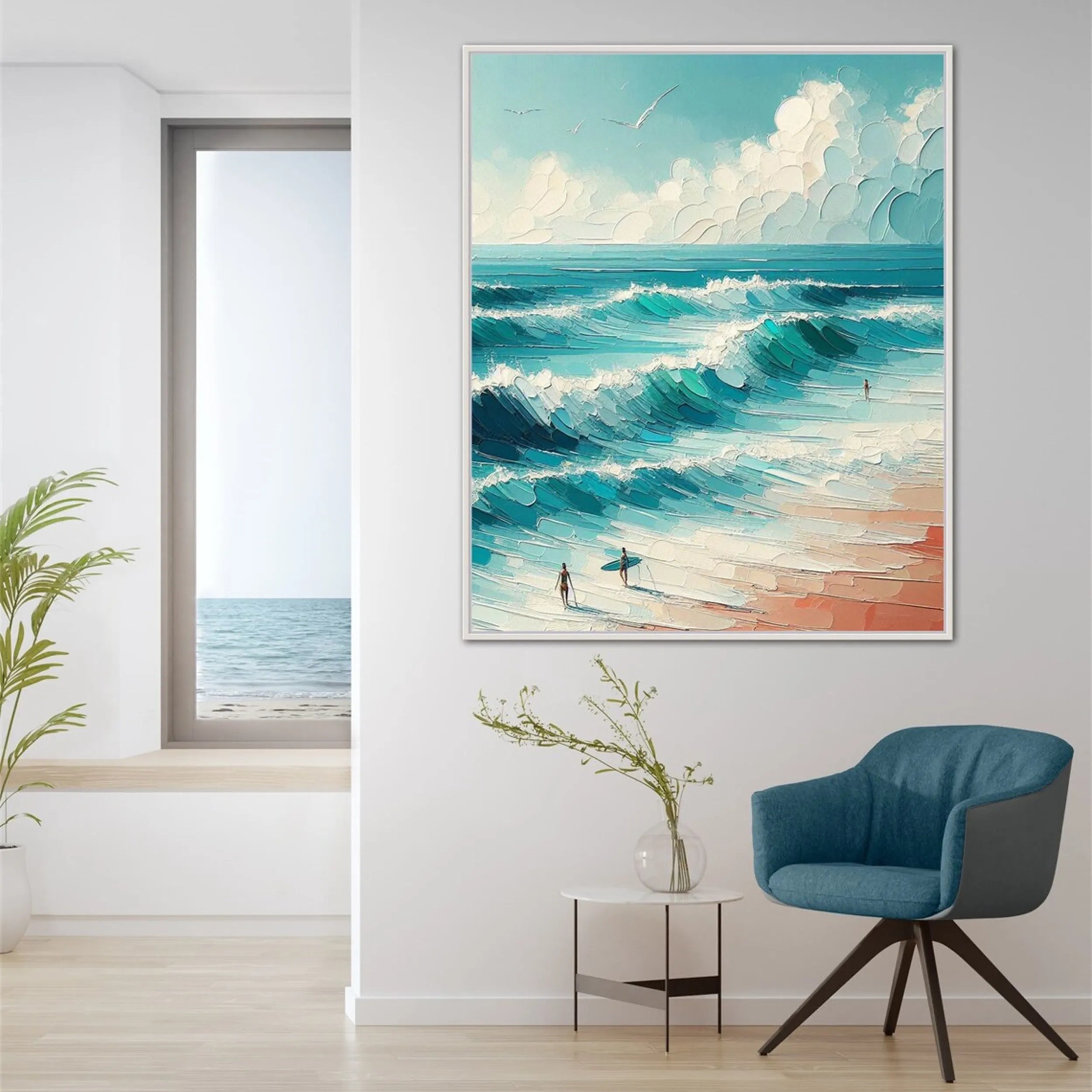 Hand-Painted Ocean Waves Canvas Art - Coastal Living Room Decor #JJ 145
