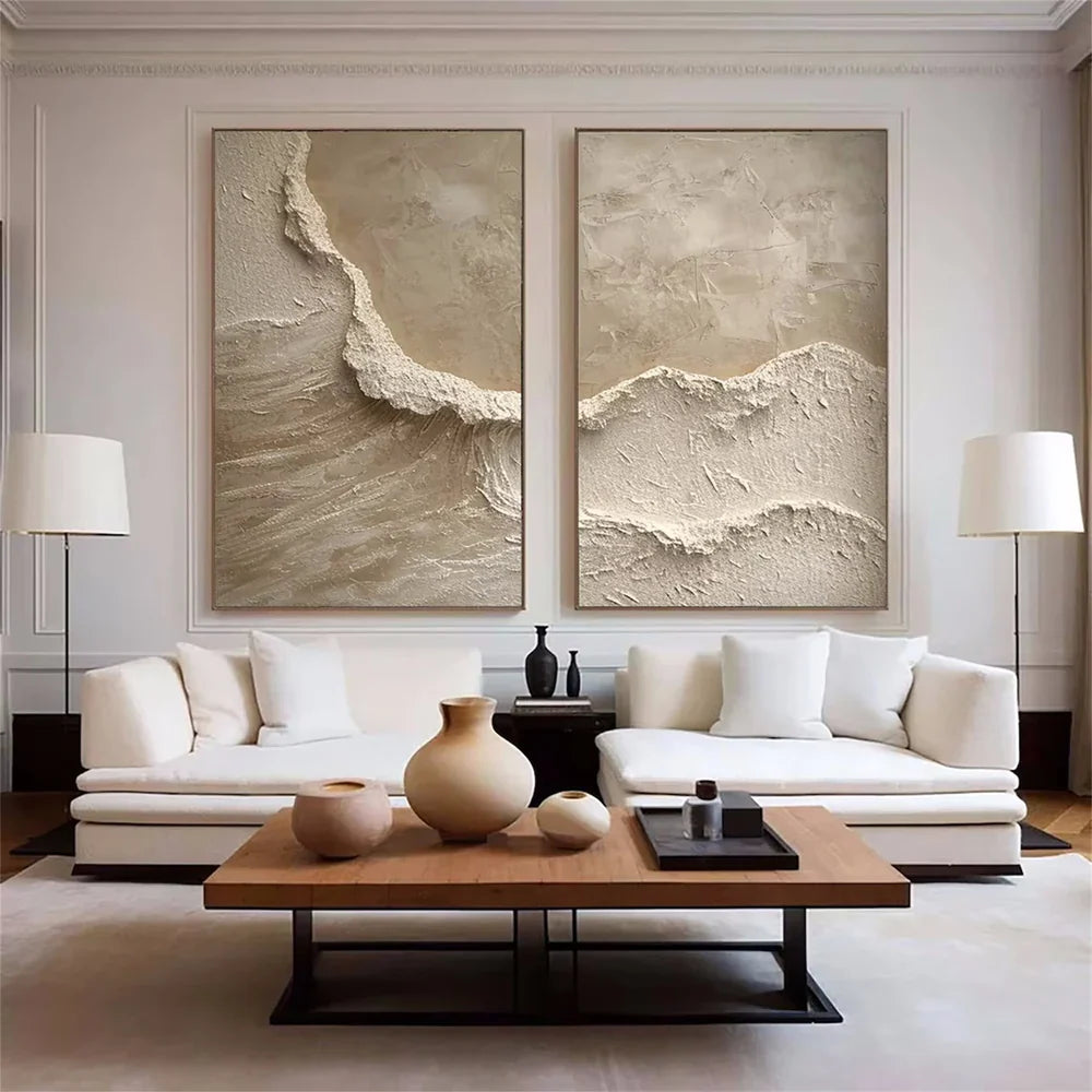 Textured Abstract Wave Oil Painting | Large Beige Wall Art Set of 2 #ZZ 010