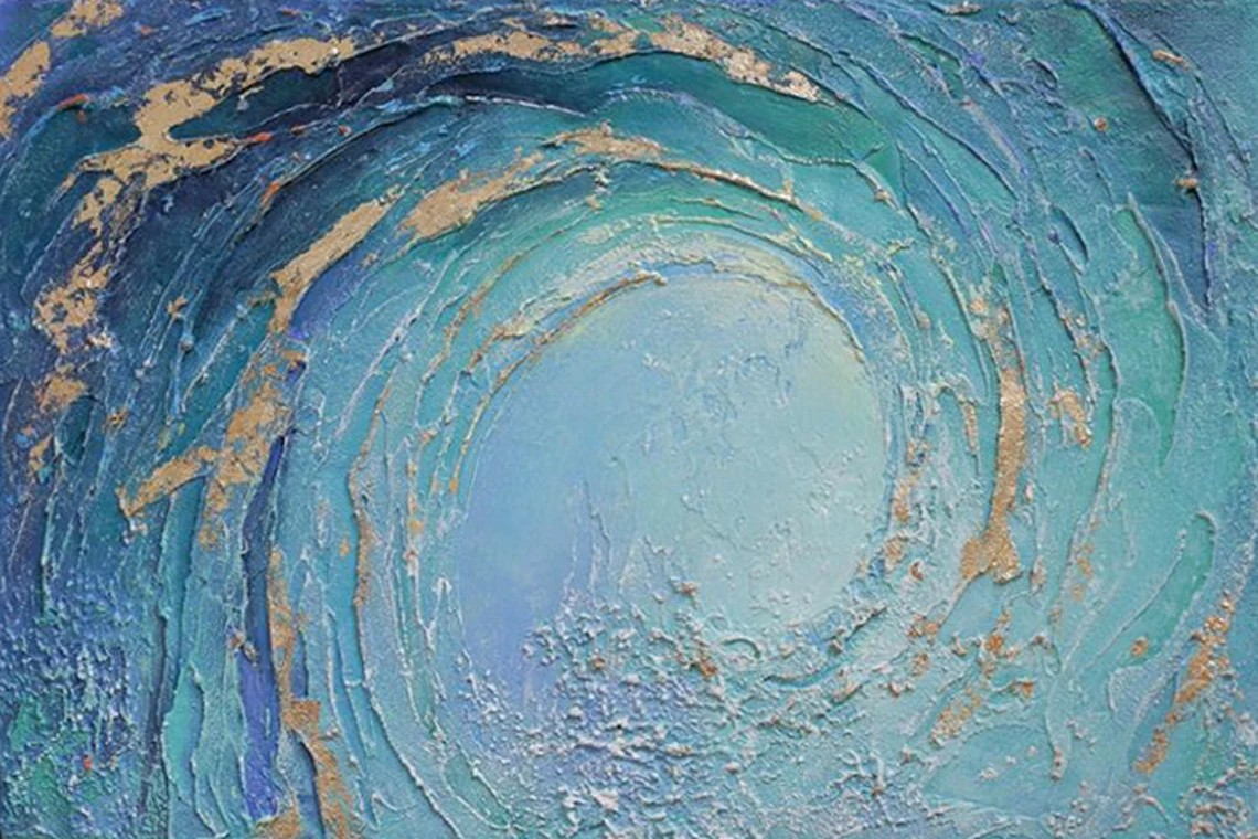 Abstract Ocean Wave Oil Painting, Blue and Gold Textured Wall Art #TC 068