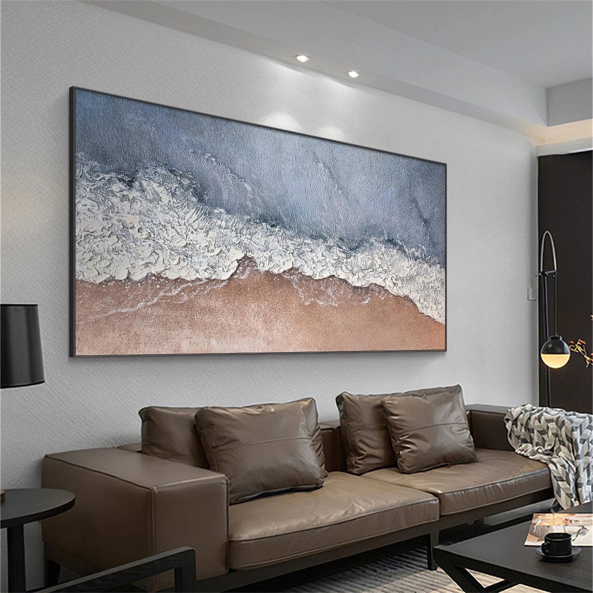 Wide Top-Down Coastal Textured Abstract - Blue White Beige Modern Oil Painting #JJ 175
