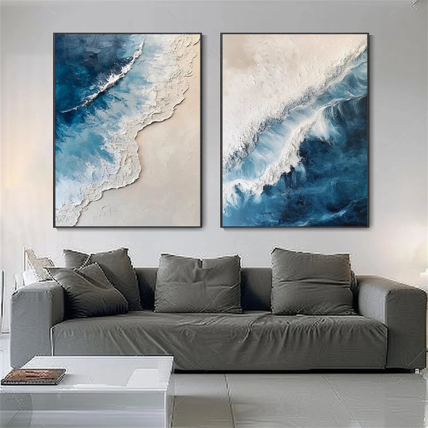 Large Abstract Ocean Wall Art Set of 2 | Textured Blue Wave Painting #ZZ 059