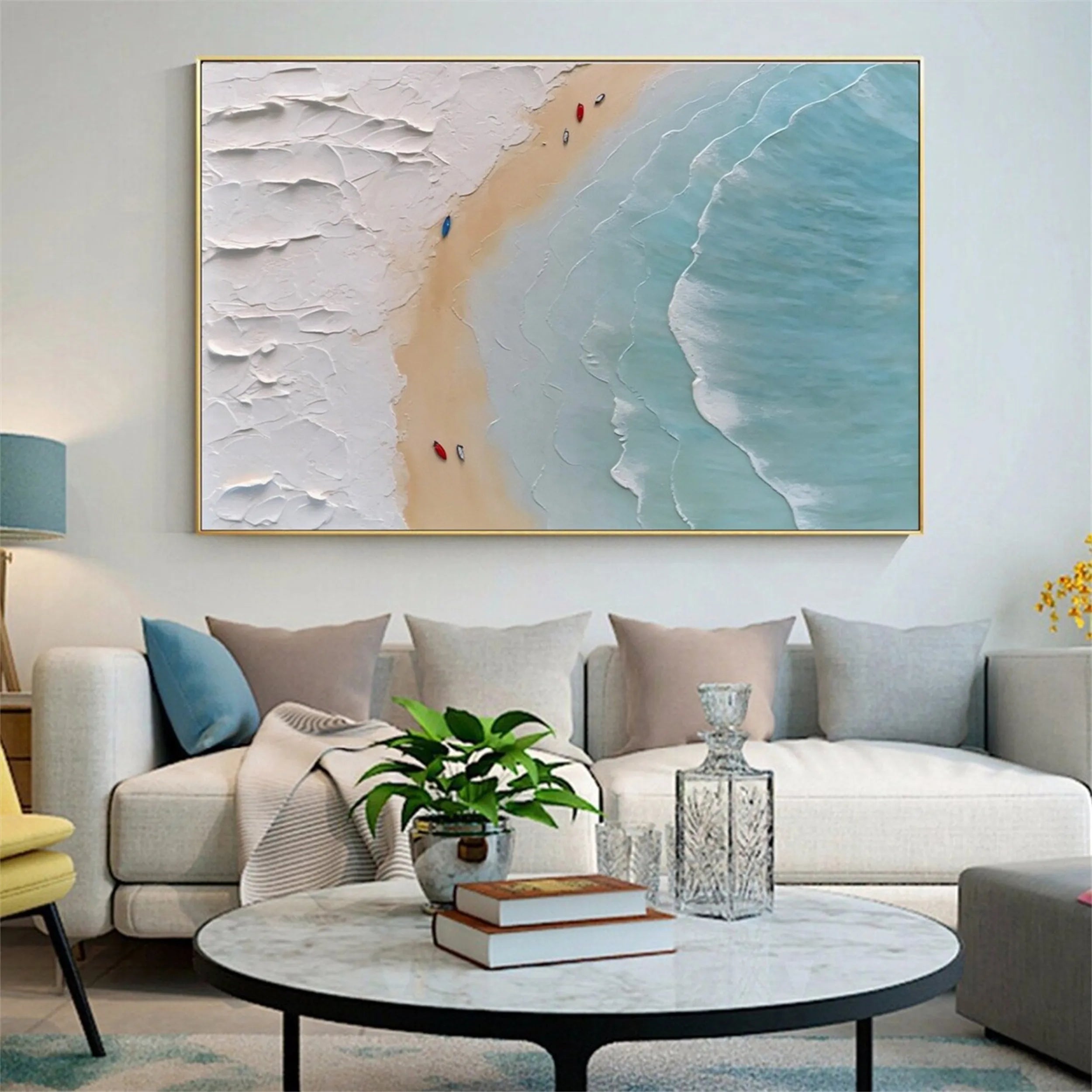 Art Deco Calm Coastal Textured Abstract Oil Painting - Light Blue Wall Art #JJ 189