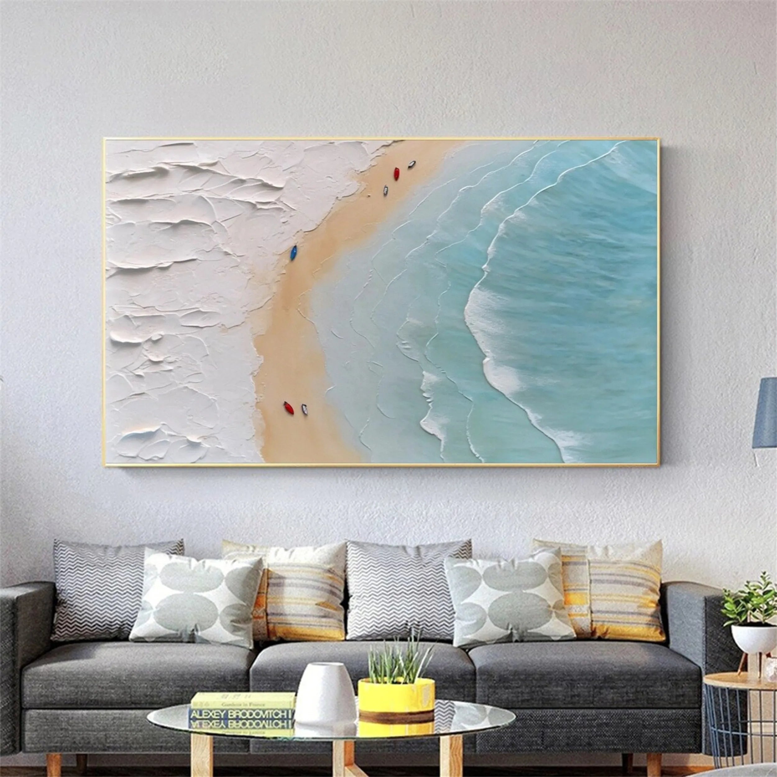 Art Deco Calm Coastal Textured Abstract Oil Painting - Light Blue Wall Art #JJ 189