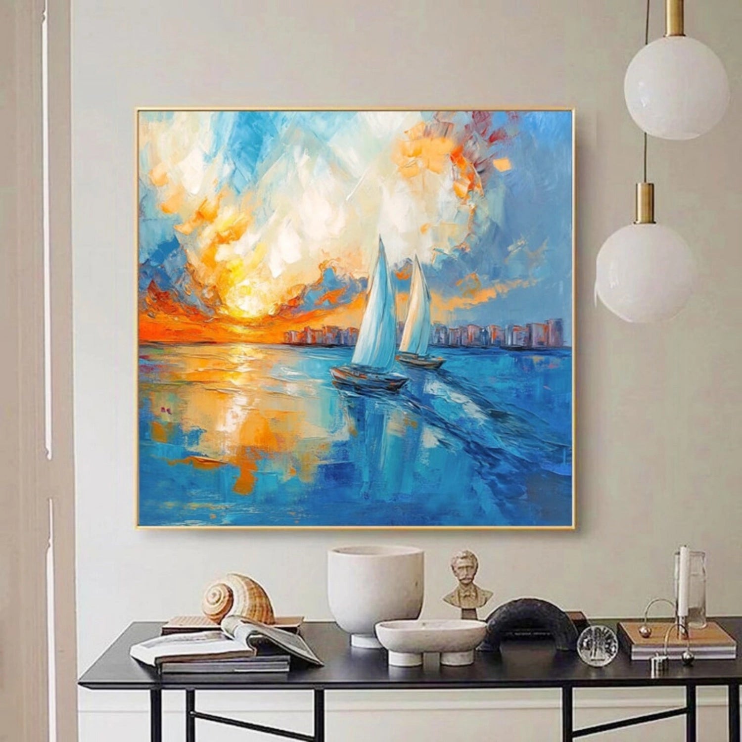 Square Calm Ocean Sunset Cityscape Abstract - Sailboat Oil Painting #JJ 183