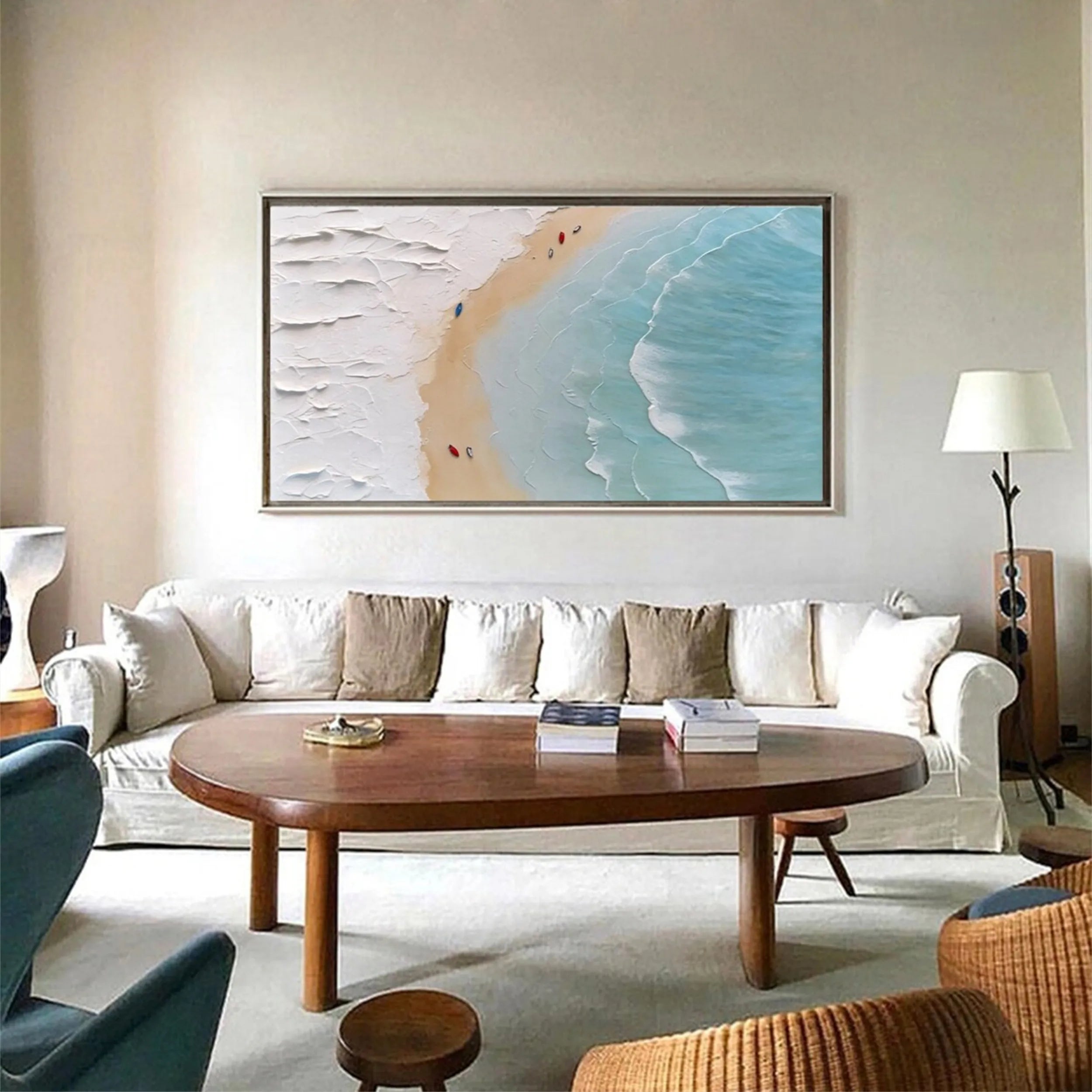 Art Deco Calm Coastal Textured Abstract Oil Painting - Light Blue Wall Art #JJ 189