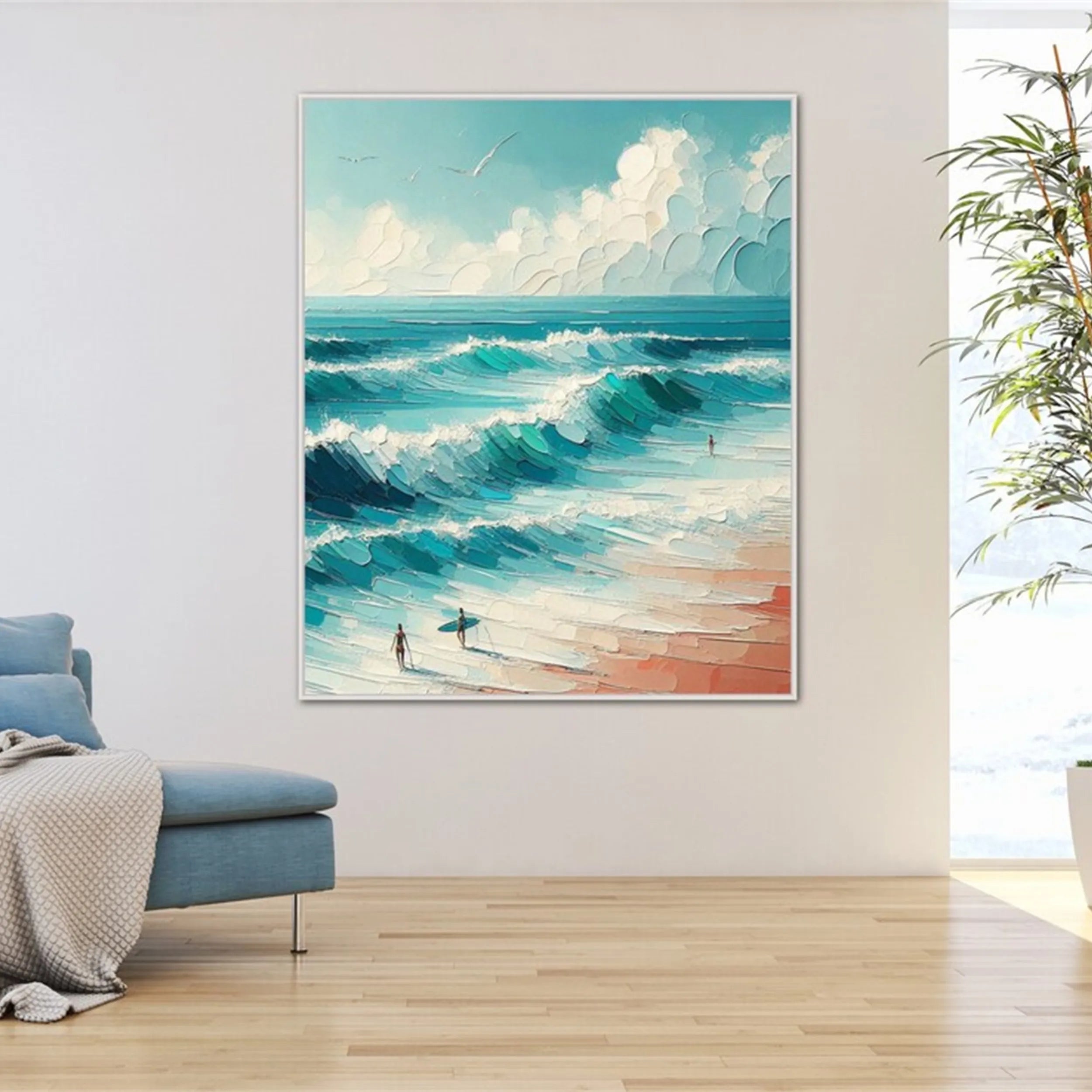 Hand-Painted Ocean Waves Canvas Art - Coastal Living Room Decor #JJ 145