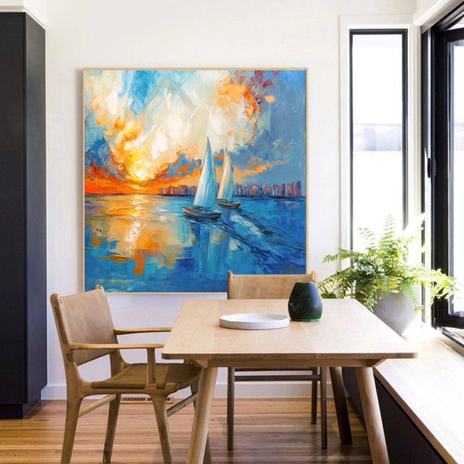 Square Calm Ocean Sunset Cityscape Abstract - Sailboat Oil Painting #JJ 183