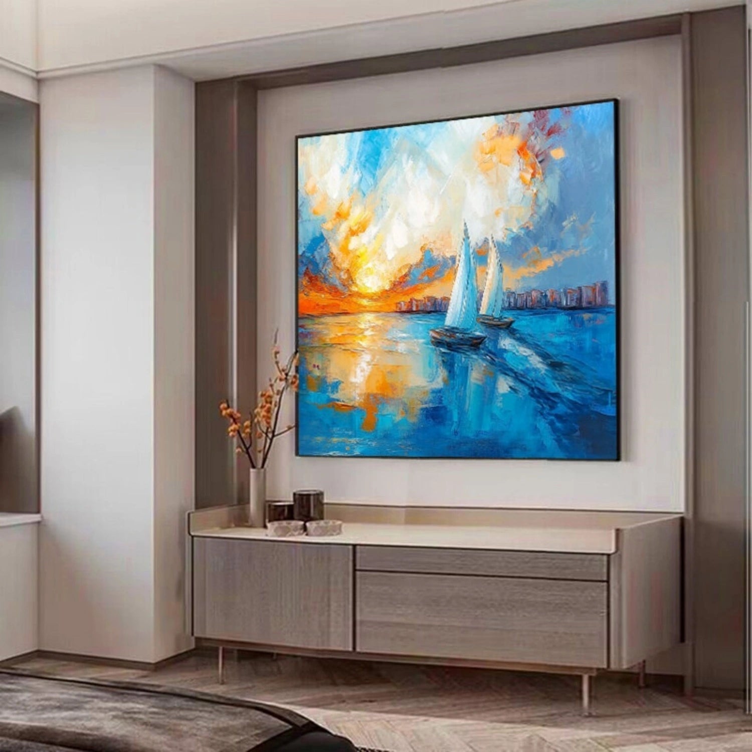 Square Calm Ocean Sunset Cityscape Abstract - Sailboat Oil Painting #JJ 183