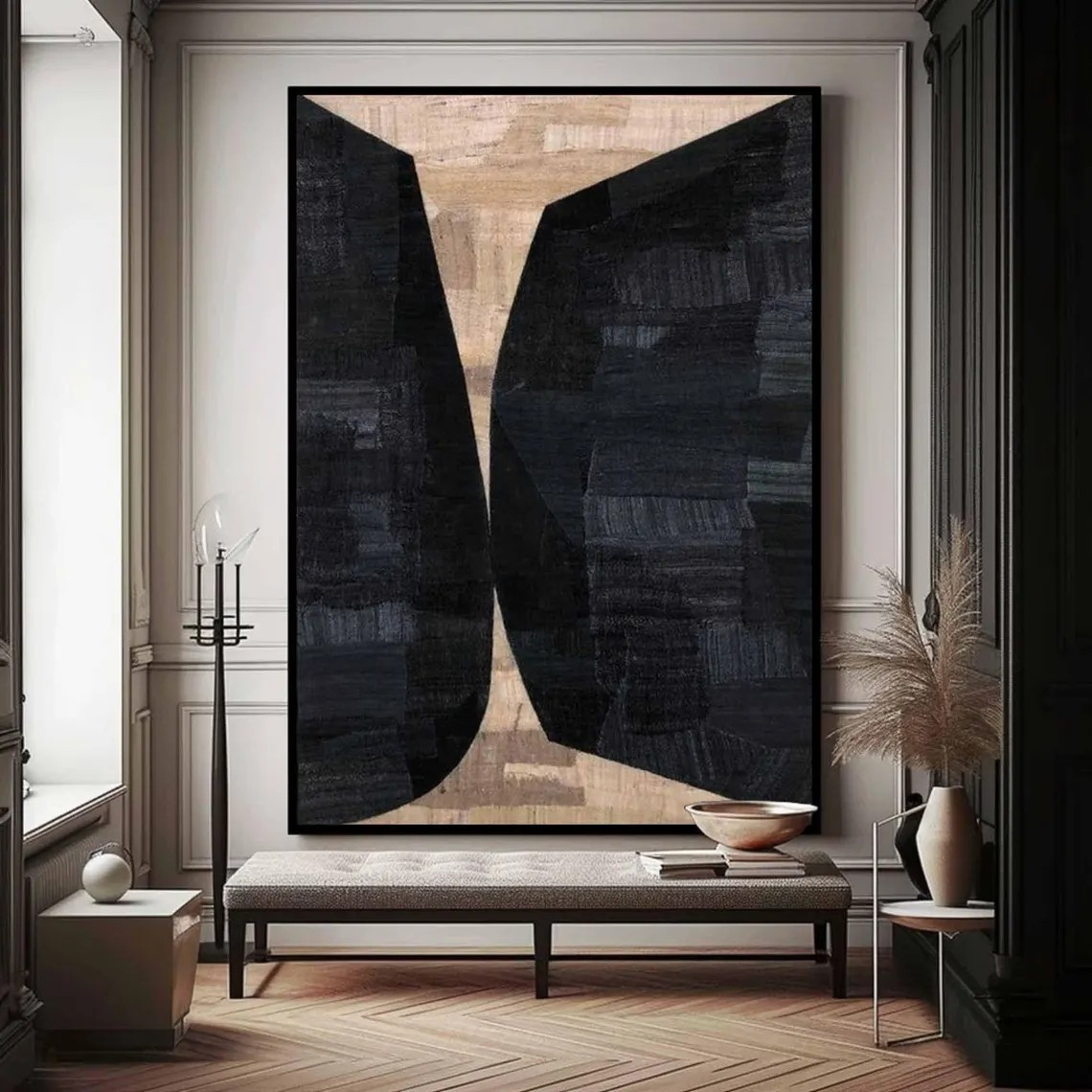 Large Vertical Modern Geometric Art - Black & Beige Contrast #TC 049