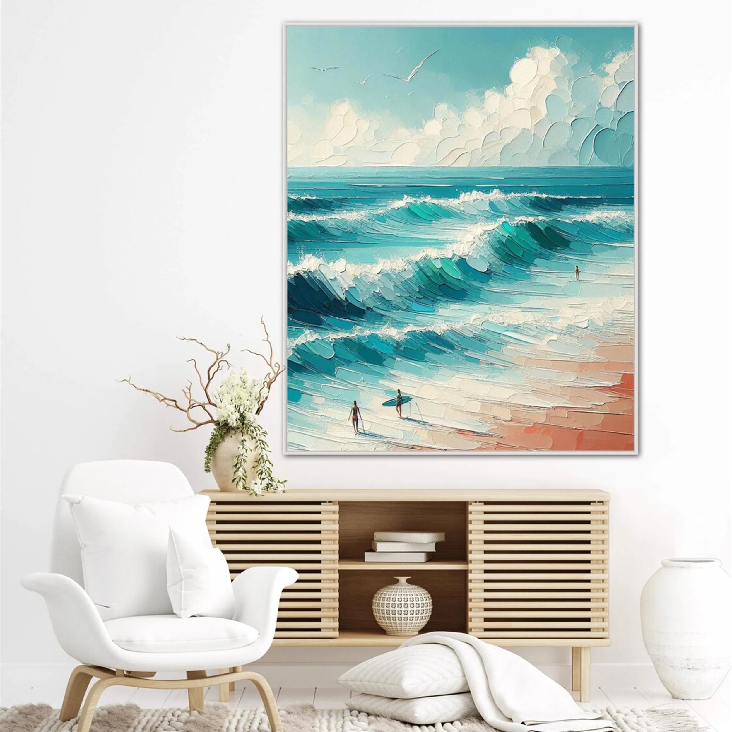 Hand-Painted Ocean Waves Canvas Art - Coastal Living Room Decor #JJ 145
