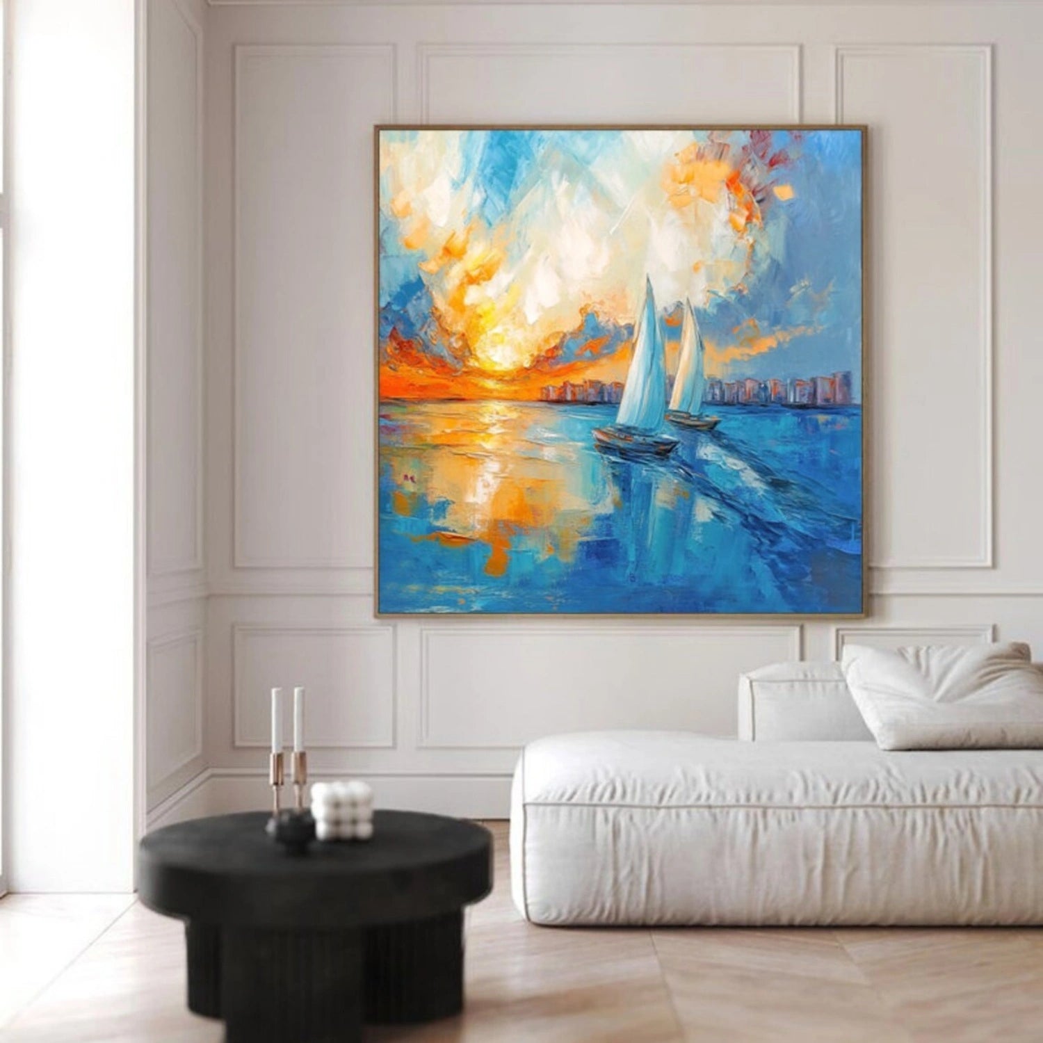 Square Calm Ocean Sunset Cityscape Abstract - Sailboat Oil Painting #JJ 183