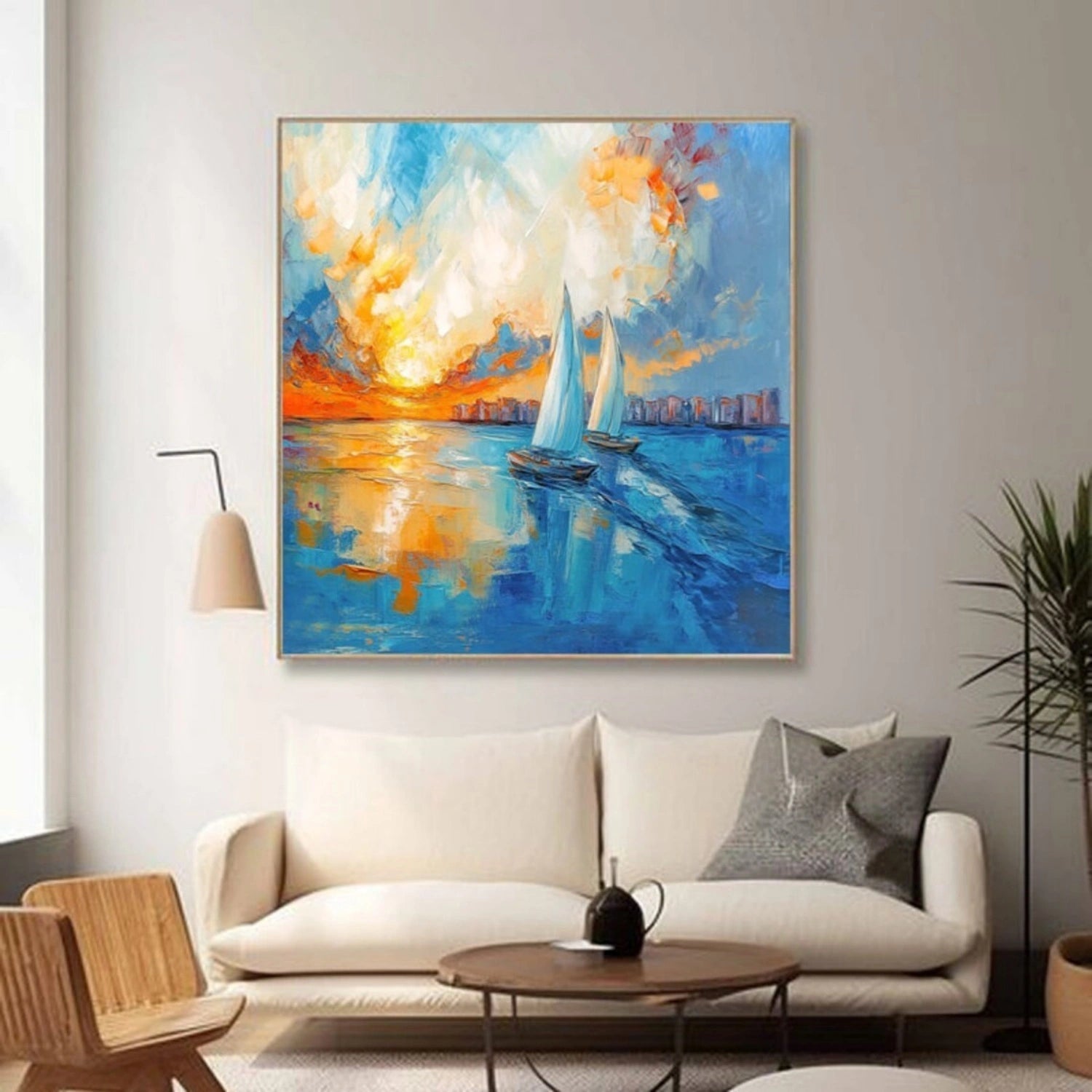 Square Calm Ocean Sunset Cityscape Abstract - Sailboat Oil Painting #JJ 183