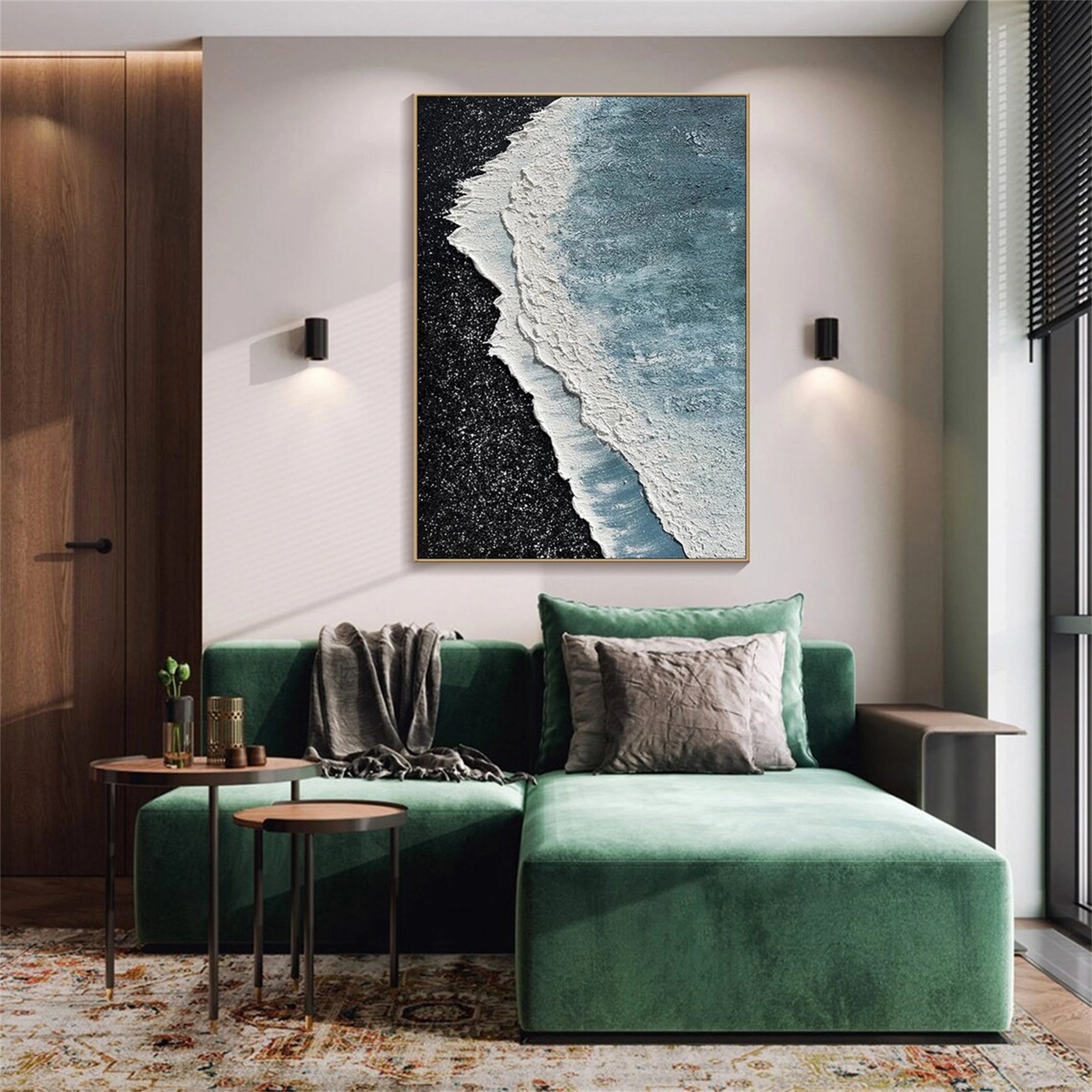 Textured Ocean Wave Wall Art | Black Sand Beach Canvas Painting #ZZ 068