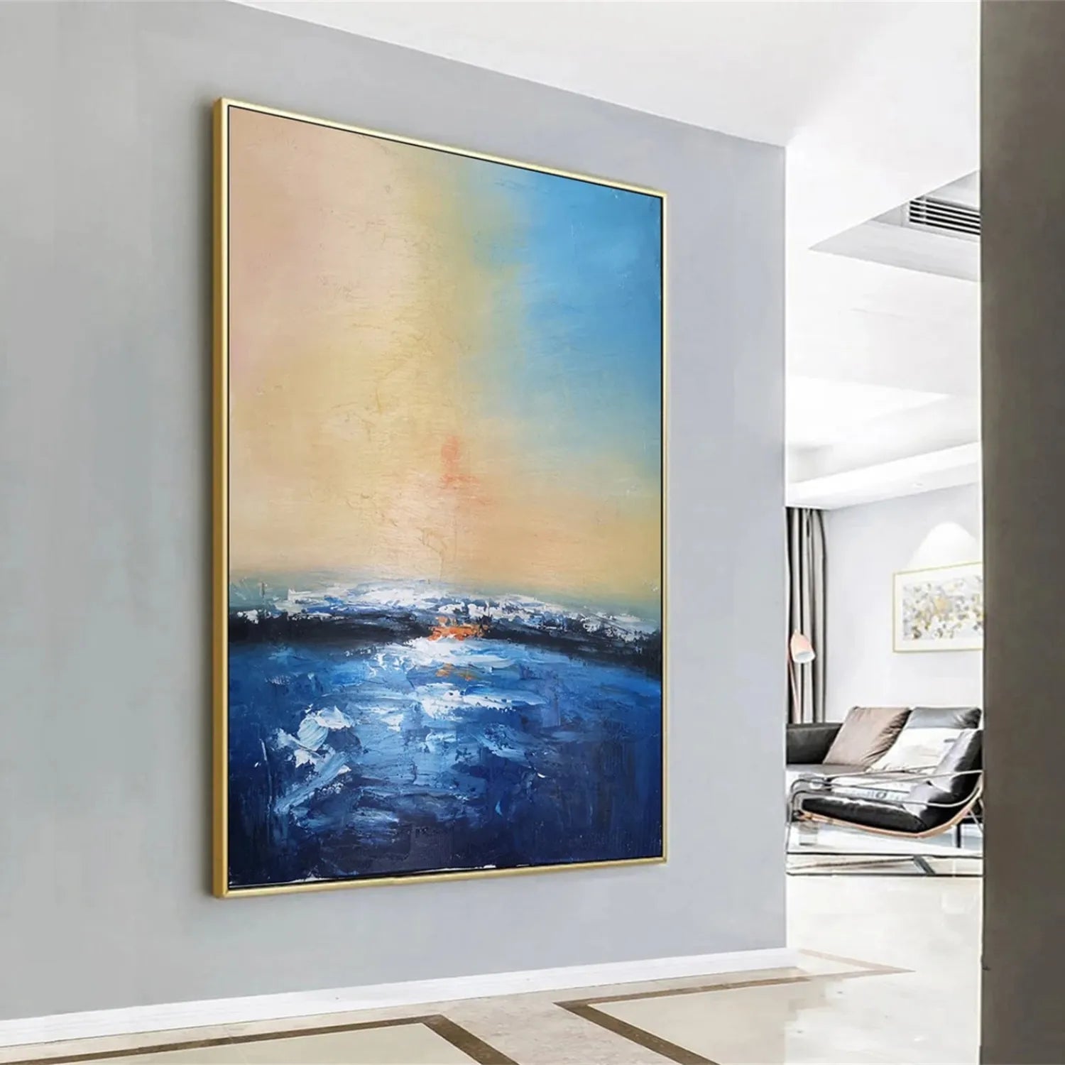Soft Blue Beige Pink Abstract Seascape Art - Modern Serene Decor #JJ 126