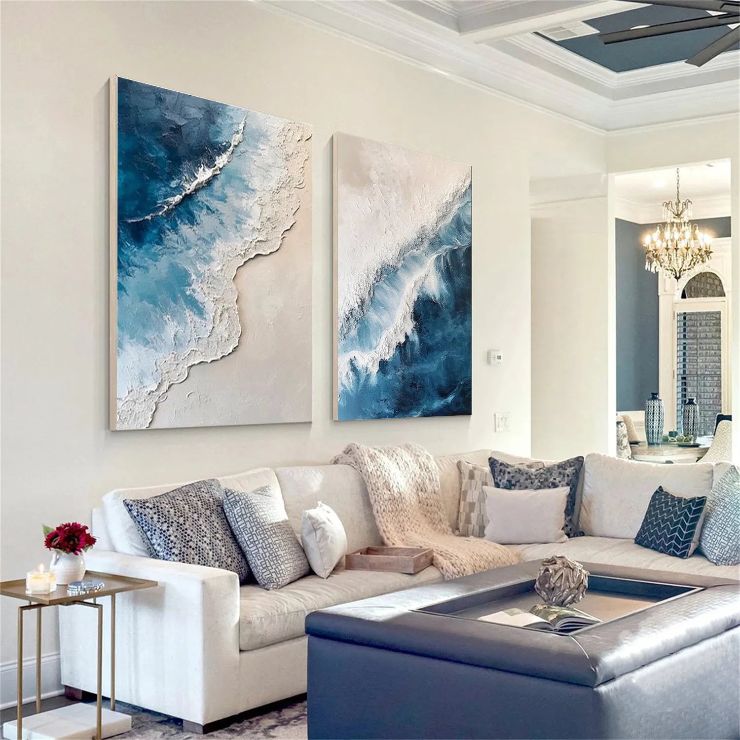 Large Abstract Ocean Wall Art Set of 2 | Textured Blue Wave Painting #ZZ 059