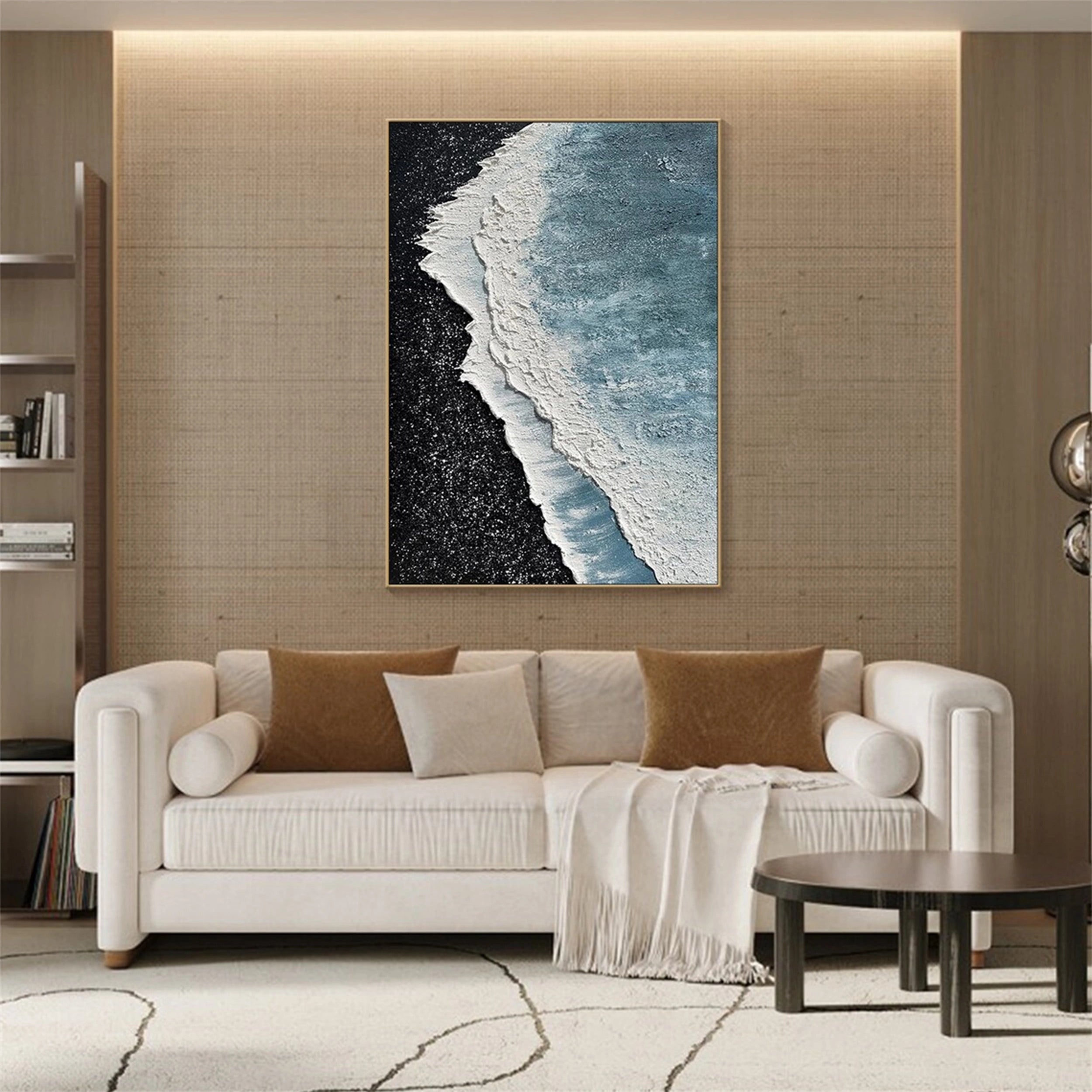 Textured Ocean Wave Wall Art | Black Sand Beach Canvas Painting #ZZ 068