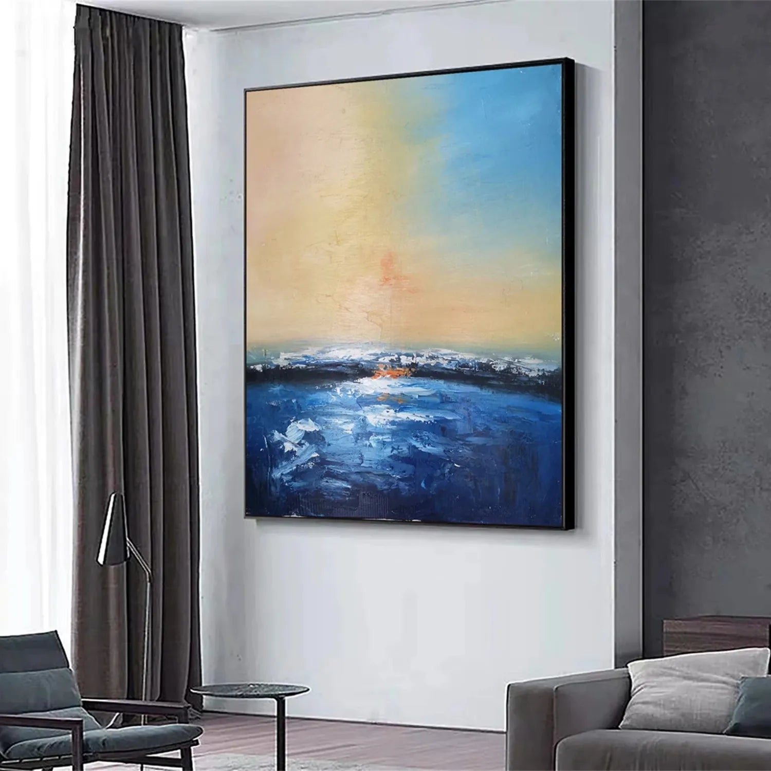 Soft Blue Beige Pink Abstract Seascape Art - Modern Serene Decor #JJ 126