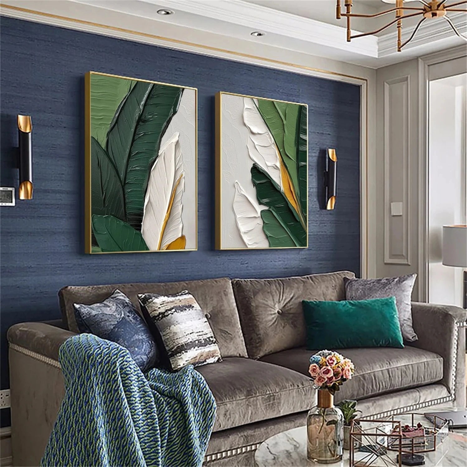 Stunning Hand - painted Oil Paintings: Leaf - inspired Duo for Modern Living Spaces #JJ 331