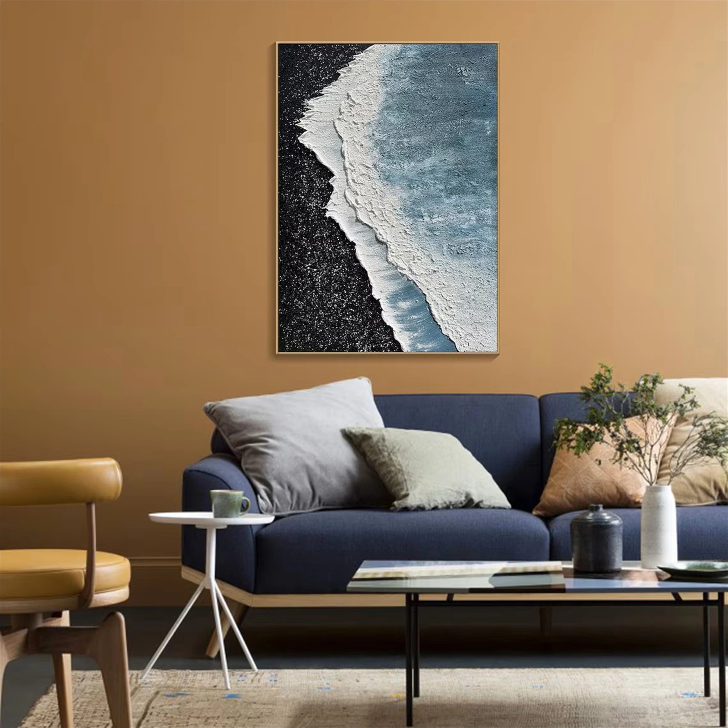 Textured Ocean Wave Wall Art | Black Sand Beach Canvas Painting #ZZ 068