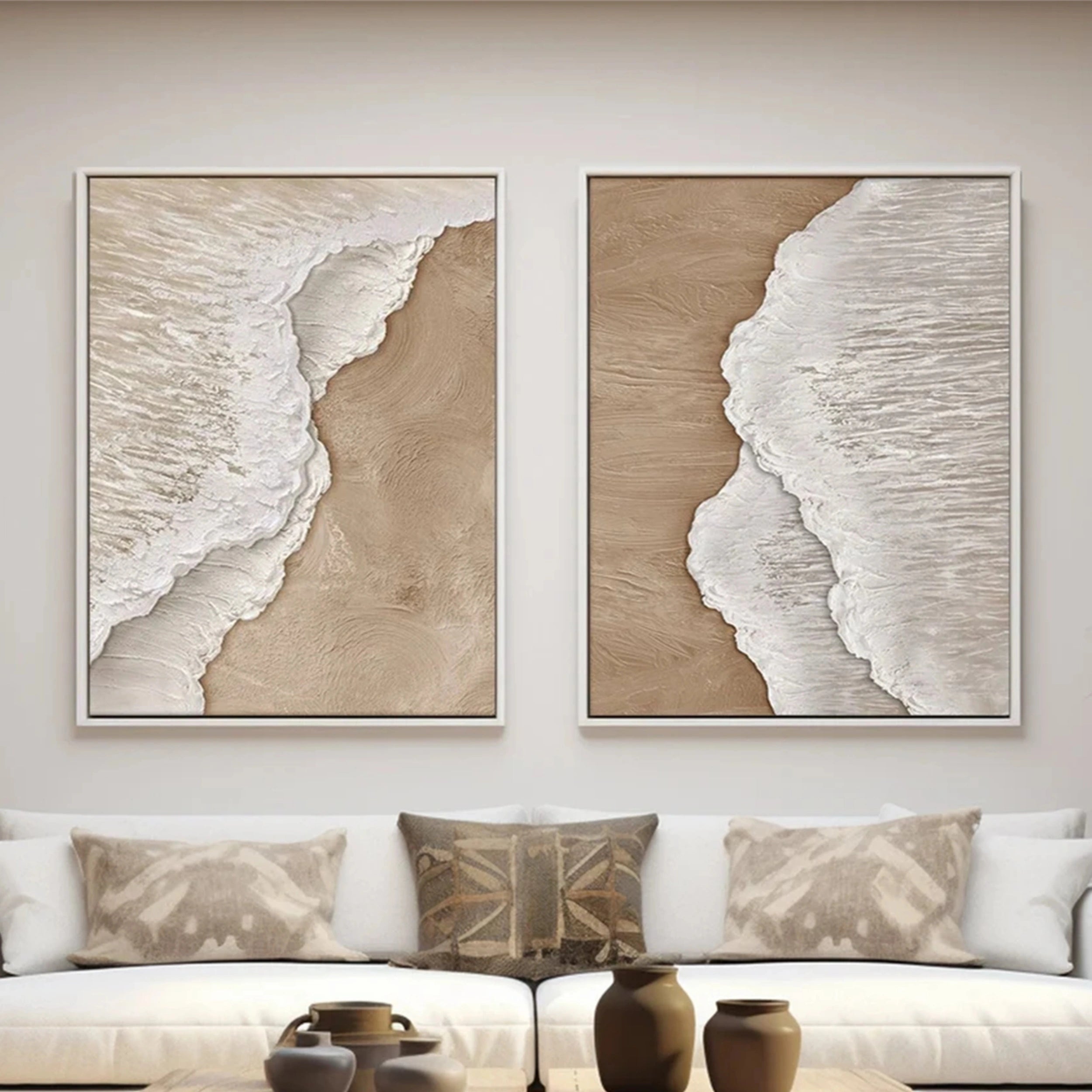Abstract Seascape Diptych: Textured Beach Painting Set of 2 #ZZ 042