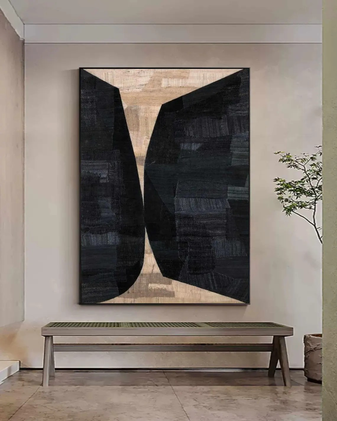 Large Vertical Modern Geometric Art - Black & Beige Contrast #TC 049