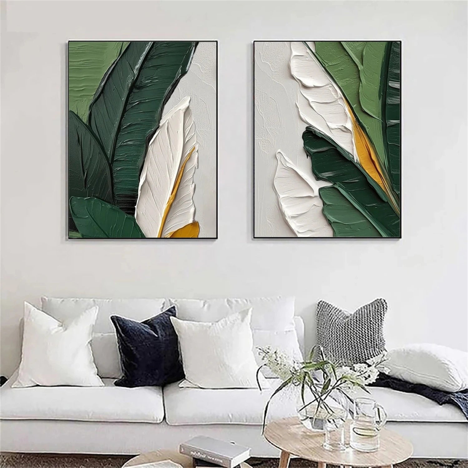 Stunning Hand - painted Oil Paintings: Leaf - inspired Duo for Modern Living Spaces #JJ 331