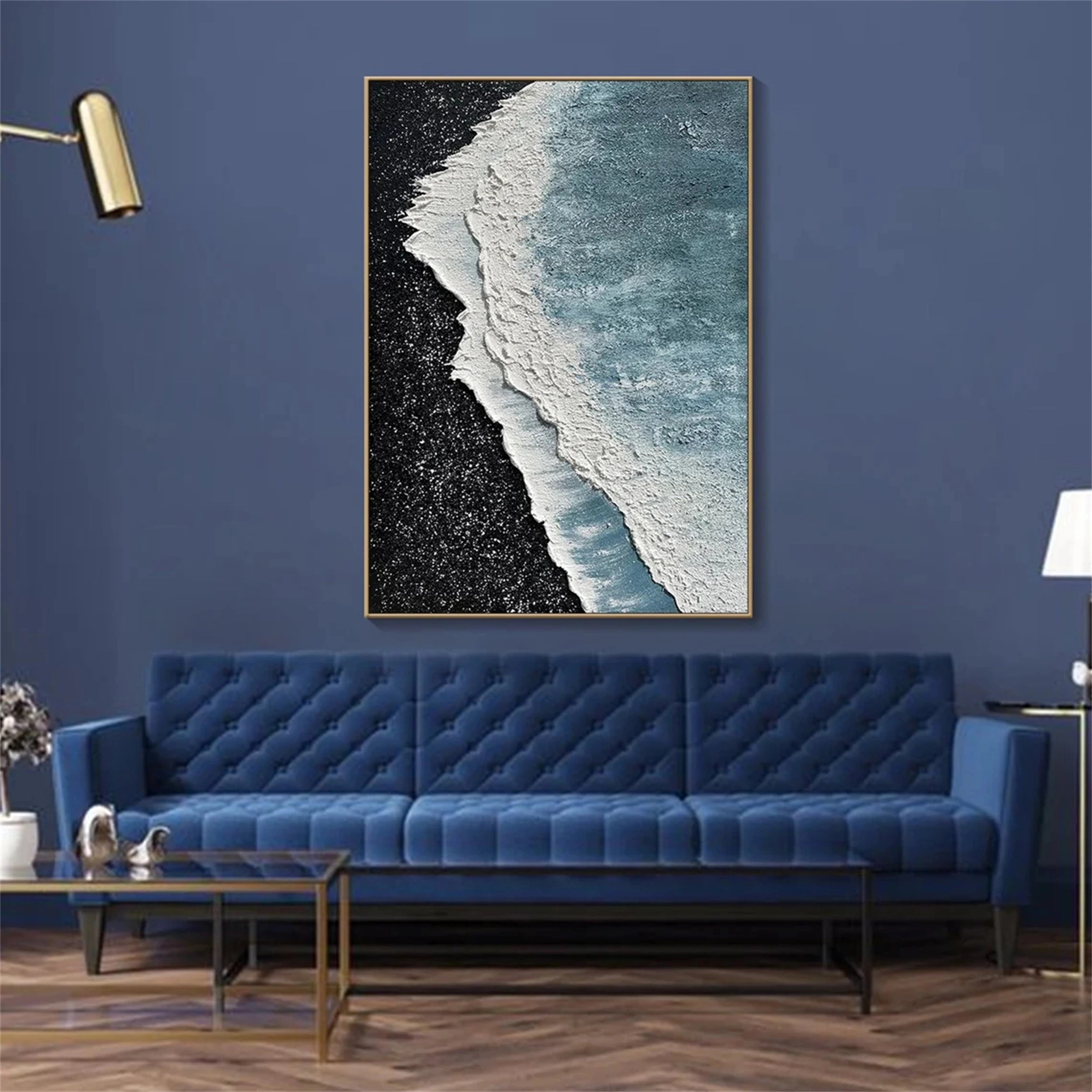 Textured Ocean Wave Wall Art | Black Sand Beach Canvas Painting #ZZ 068