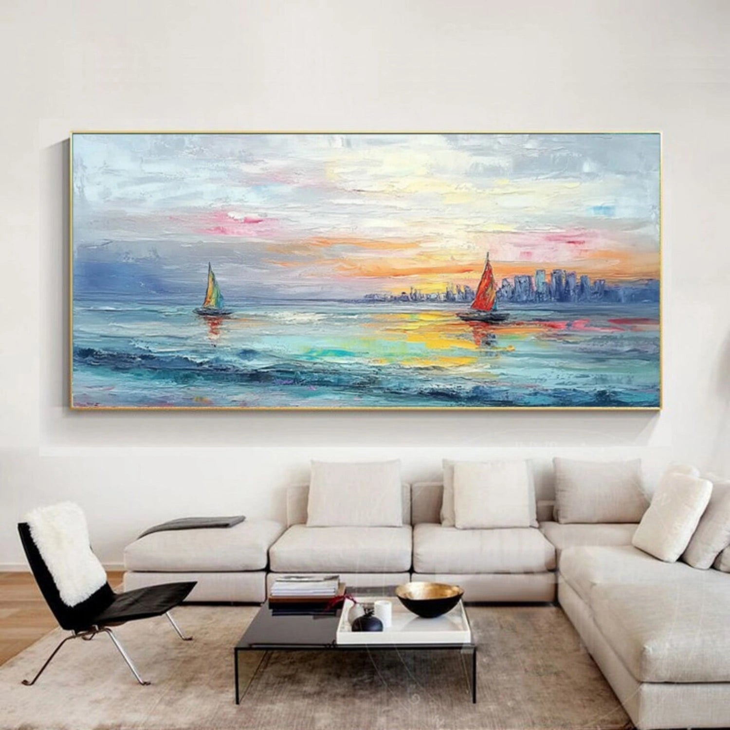Sunset Seascape Sailboats City Abstract Oil Painting for Home Decor #JJ 181