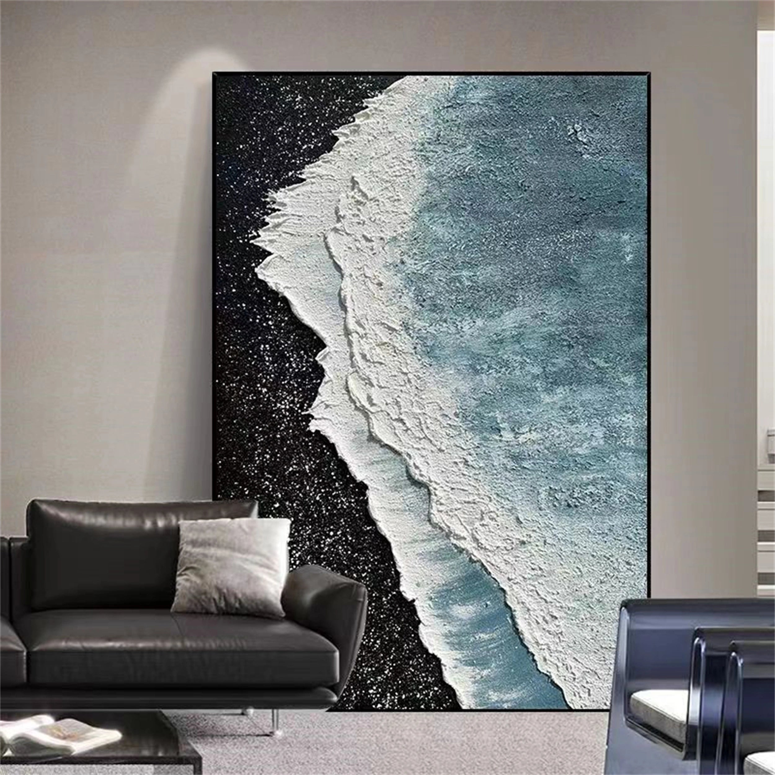 Textured Ocean Wave Wall Art | Black Sand Beach Canvas Painting #ZZ 068