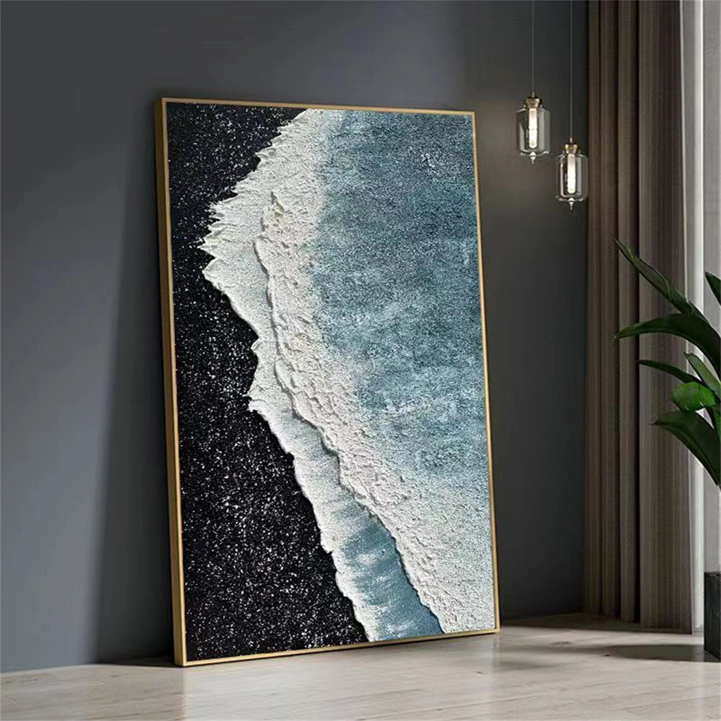 Textured Ocean Wave Wall Art | Black Sand Beach Canvas Painting #ZZ 068