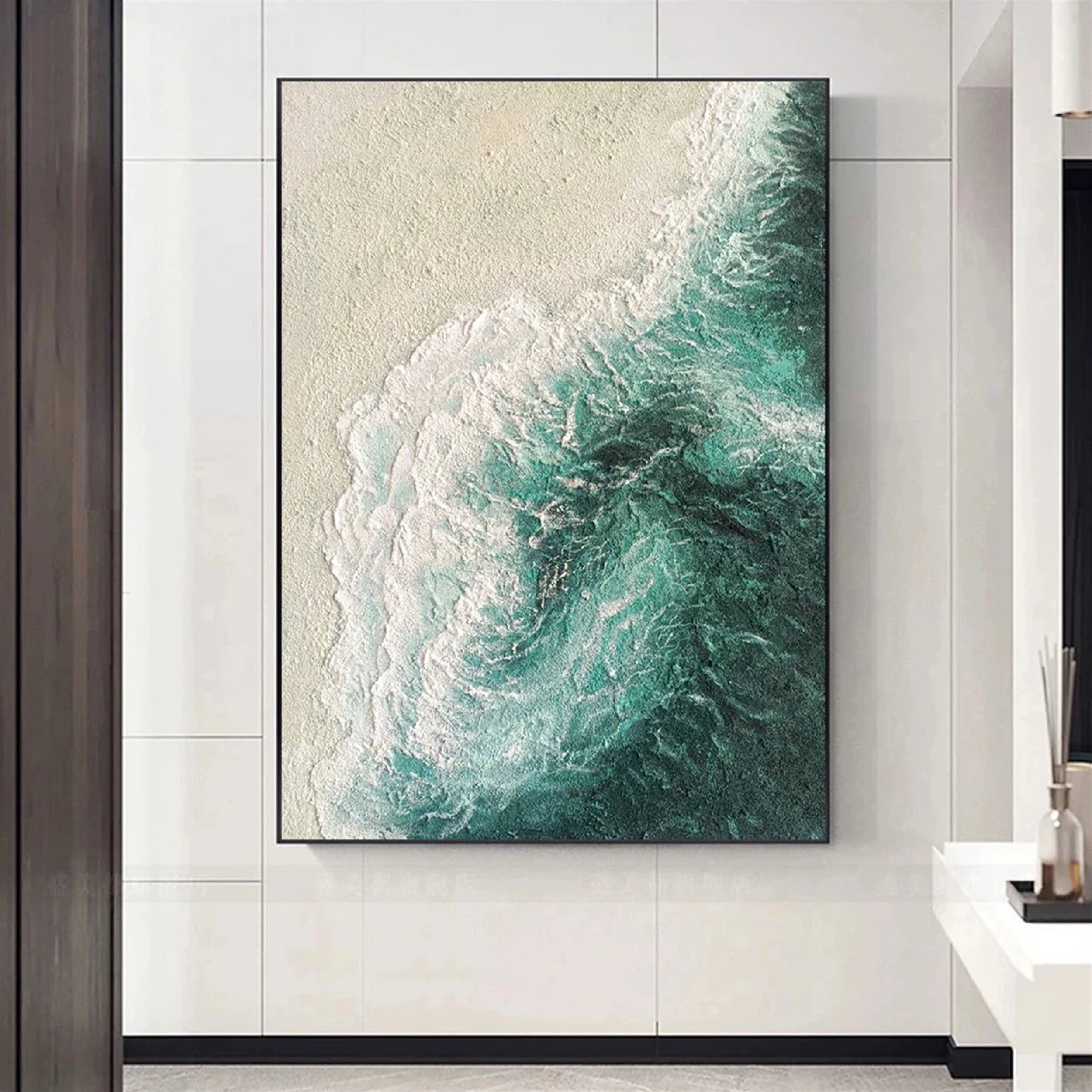 Abstract Landscape Painting | Textured Green Beige Modern Art #JJ 226