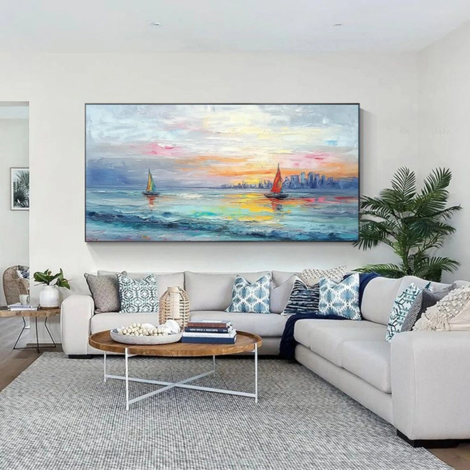 Sunset Seascape Sailboats City Abstract Oil Painting for Home Decor #JJ 181
