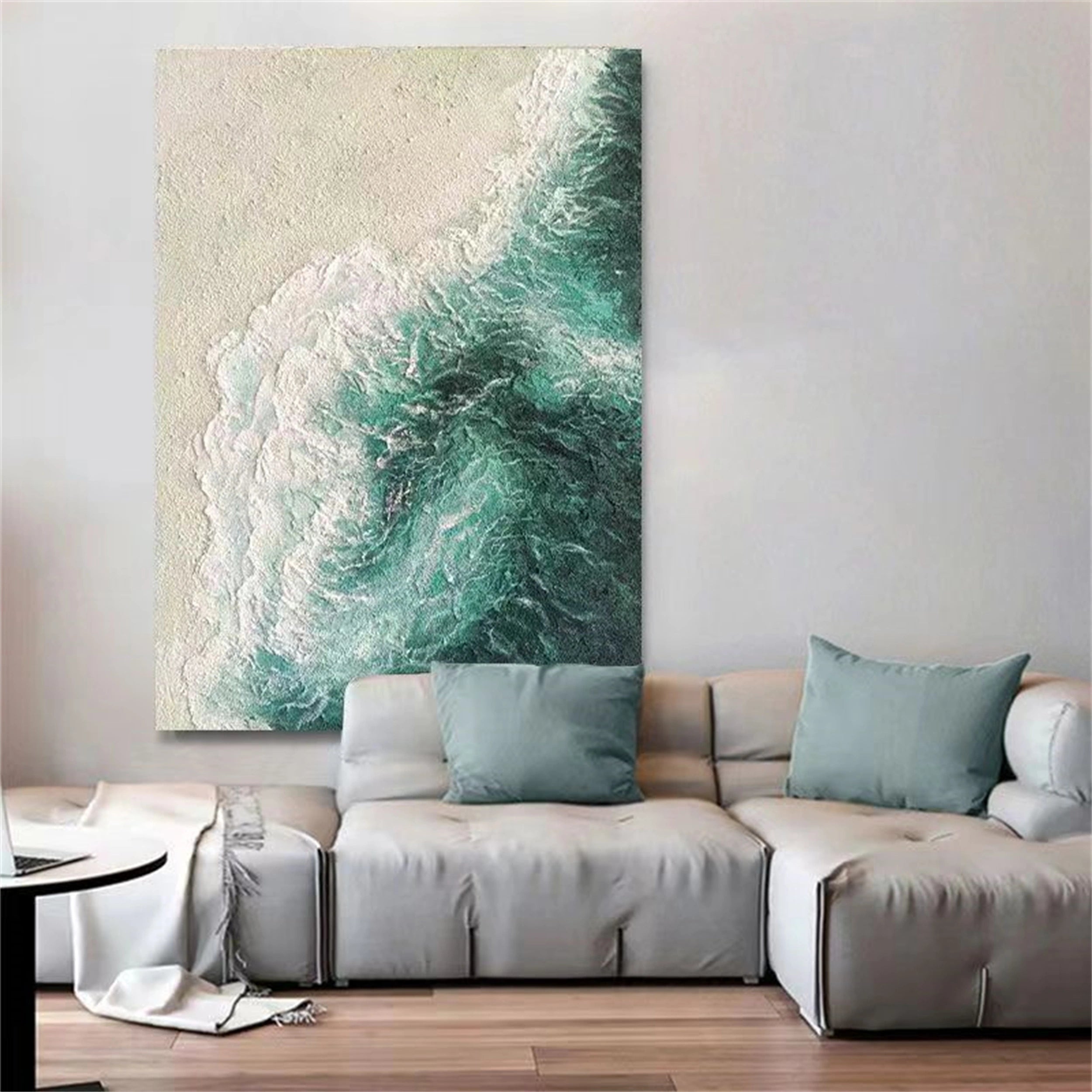 Abstract Landscape Painting | Textured Green Beige Modern Art #JJ 226