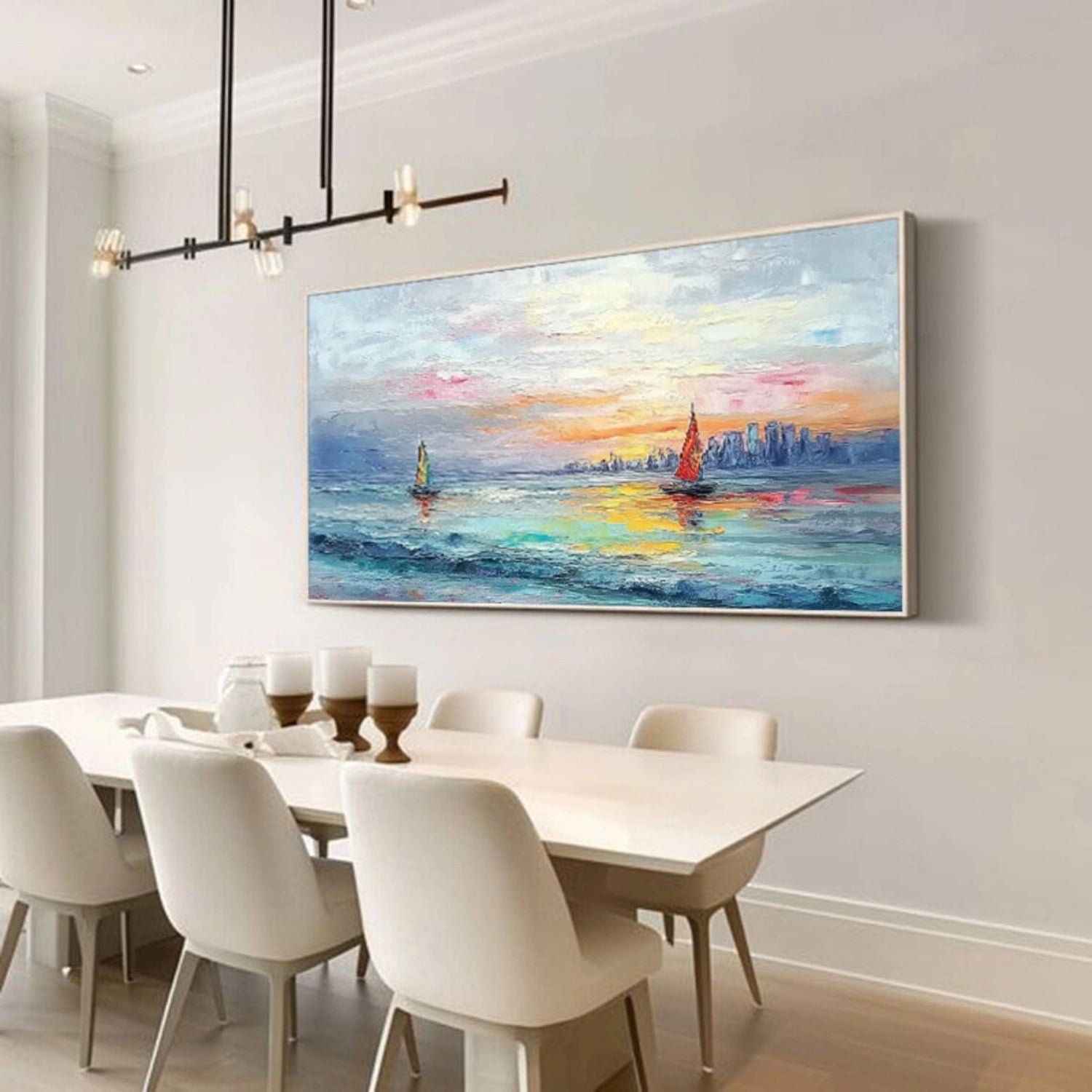Sunset Seascape Sailboats City Abstract Oil Painting for Home Decor #JJ 181