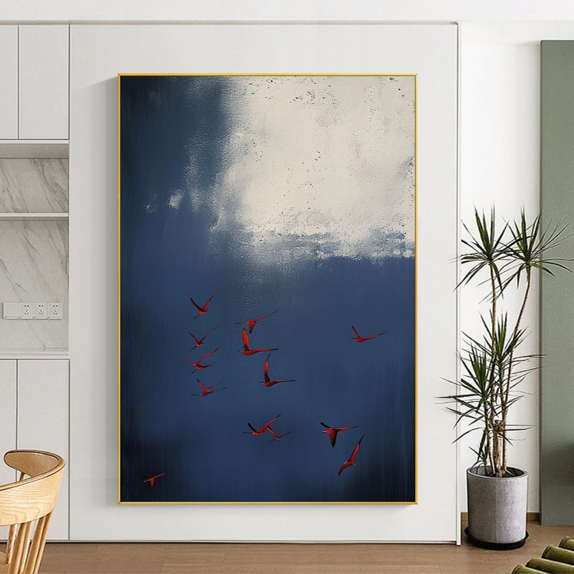 Abstract Birds Hand-Painted Oil Painting | Modern Minimalist Sky Artwork #TC 022