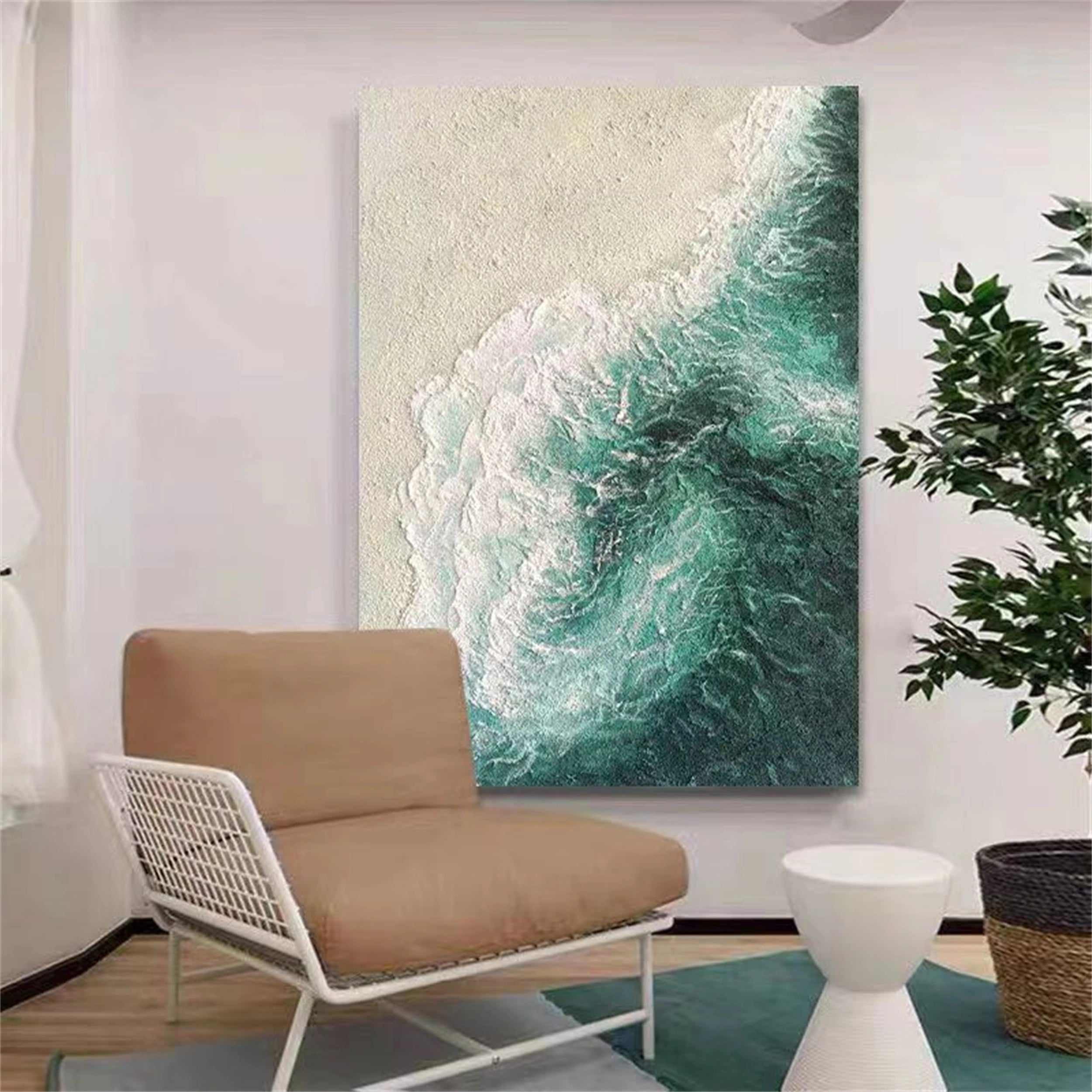 Abstract Landscape Painting | Textured Green Beige Modern Art #JJ 226