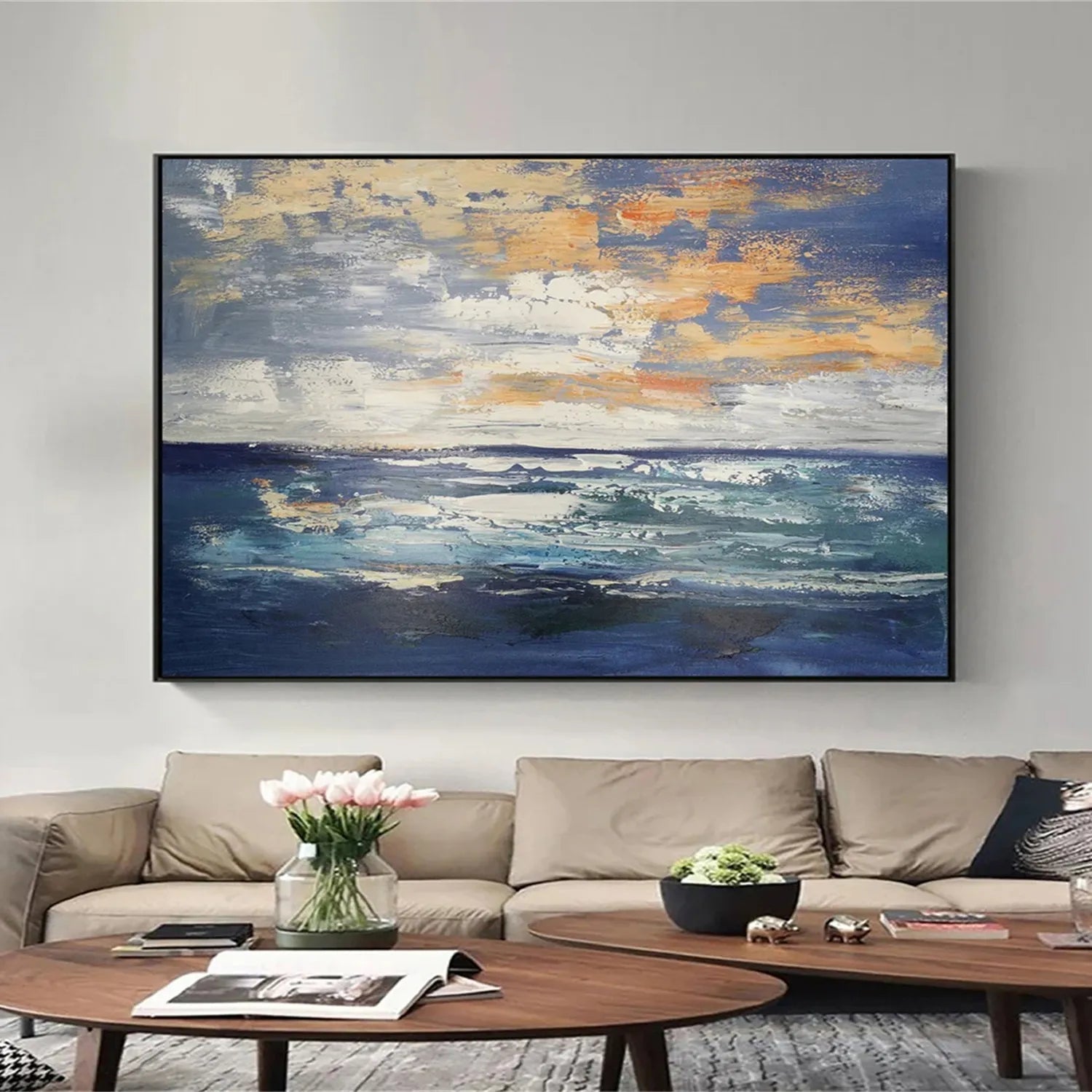 Sunset Tide Textured Painting – Vibrant Ocean Wall Art #JJ 234