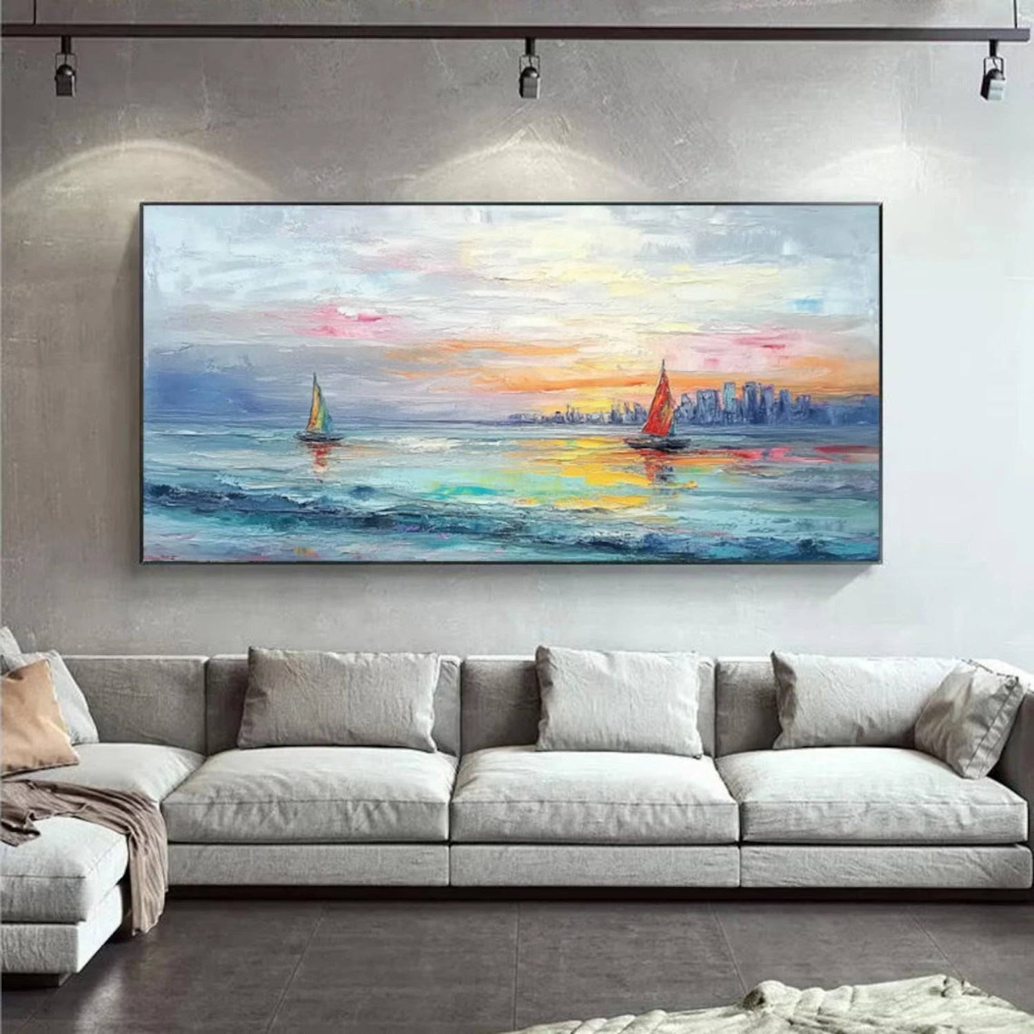Sunset Seascape Sailboats City Abstract Oil Painting for Home Decor #JJ 181