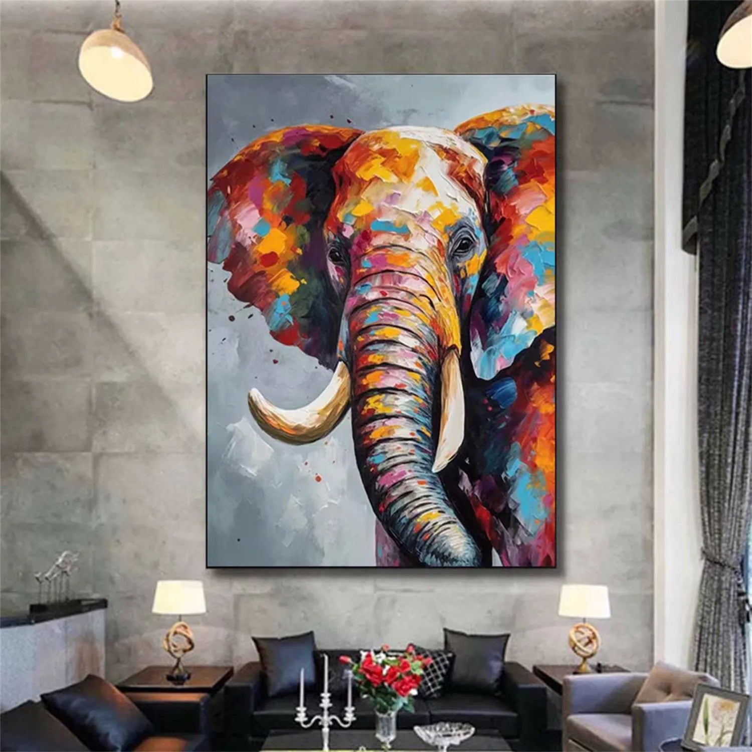 Colorful Elephant Wall Art | Large Abstract Animal Painting #ZZ 207