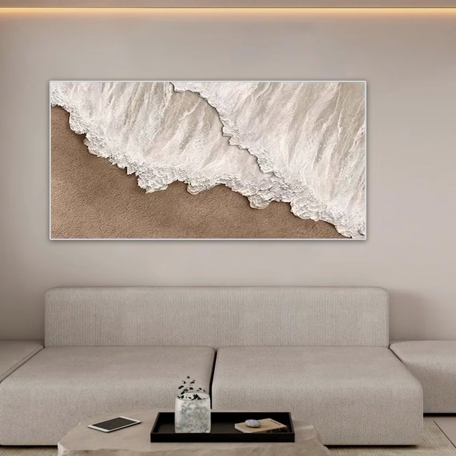 Large Horizontal Beige White Textured Beach Abstract - Modern Wall Art #JJ 174