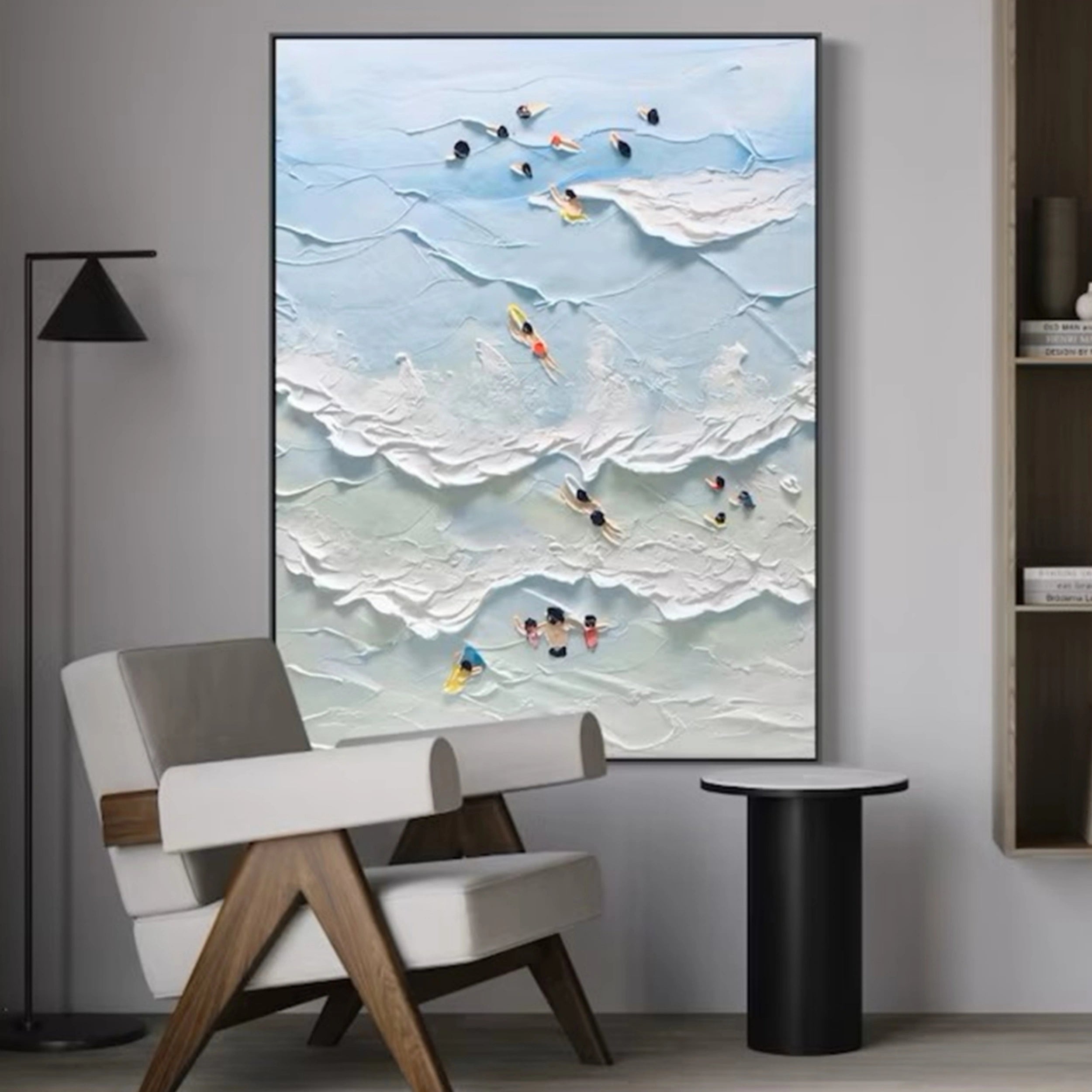 Large Vertical Ocean Wave Art | Textured Painting with Swimmers #ZZ 070