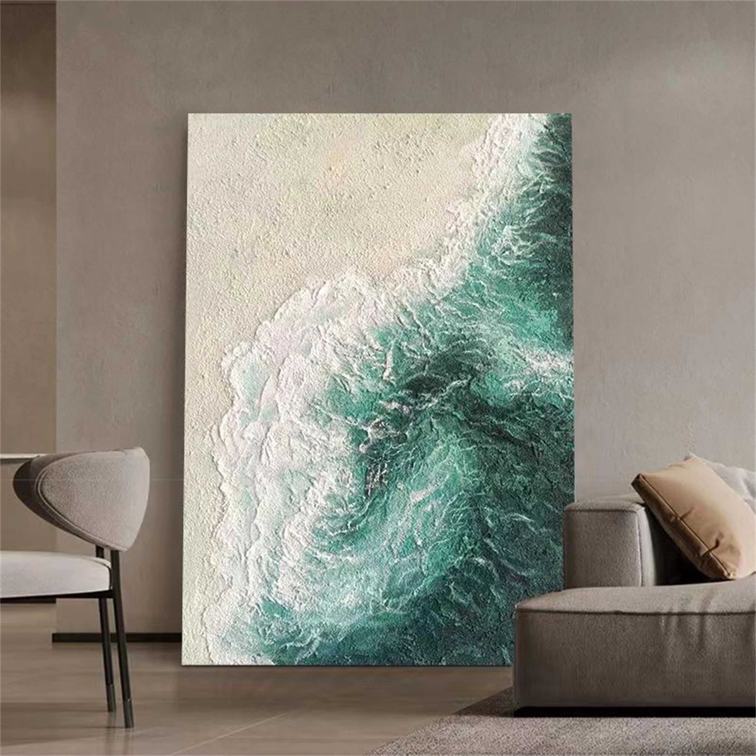 Abstract Landscape Painting | Textured Green Beige Modern Art #JJ 226