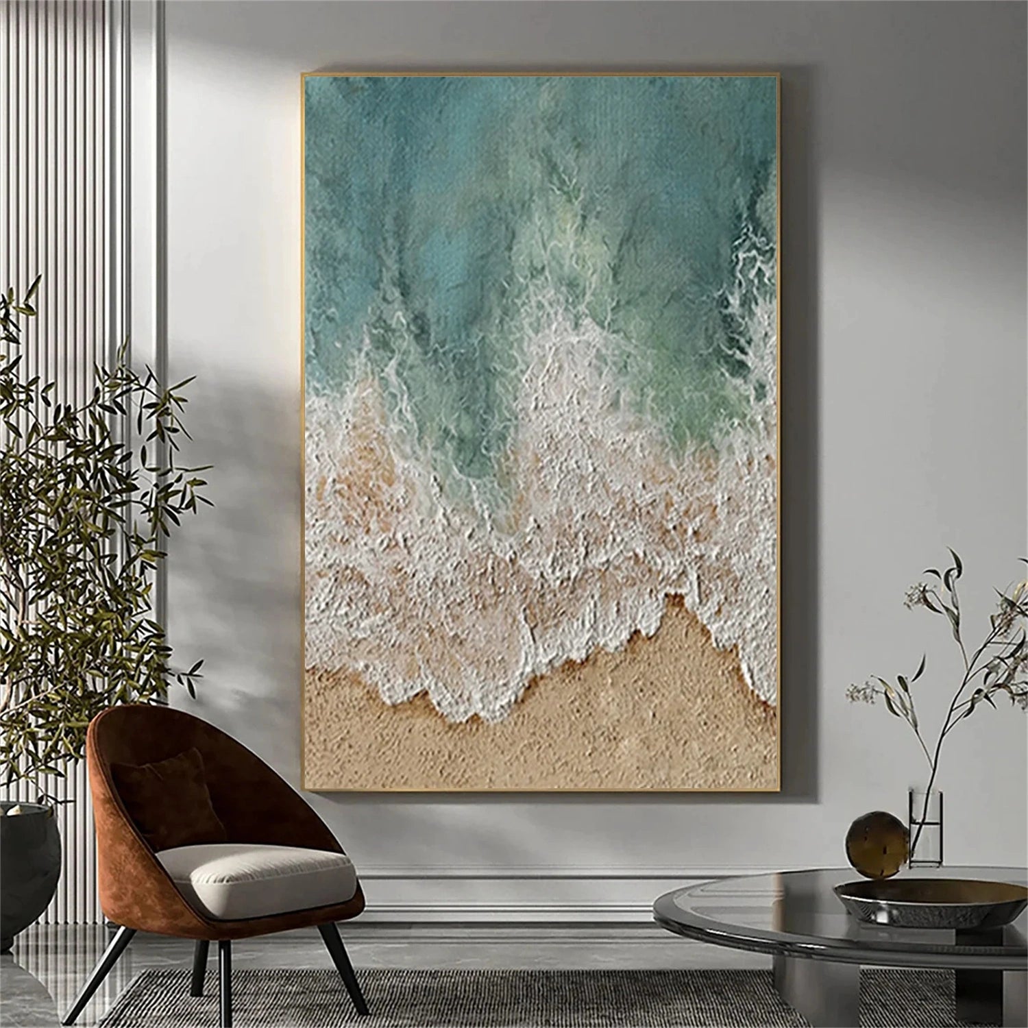 Textured Beach Painting | Abstract Ocean Waves & Sand Wall Art Canvas #JJ 137