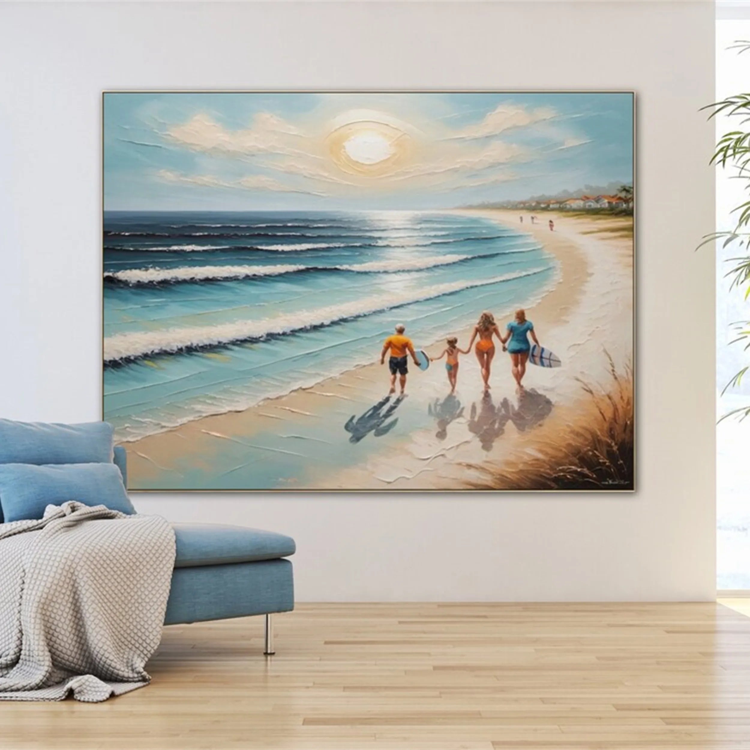 Family Beach Scene Painting – Vibrant Coastal Wall Art for Home Decor #JJ 277