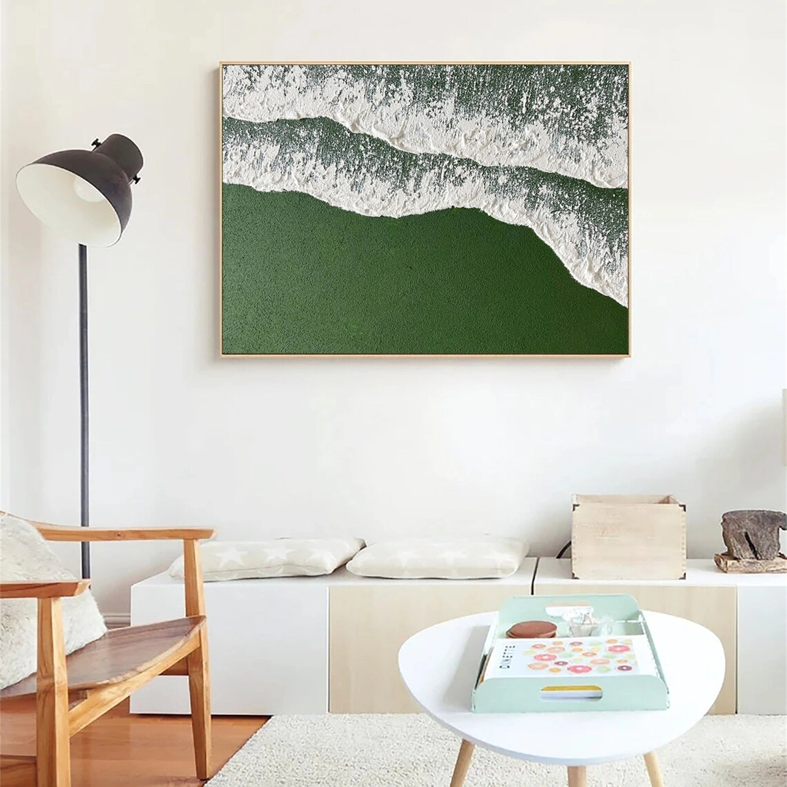 Green White Texture Painting - Shoreline Waves Wall Decor #JJ 256