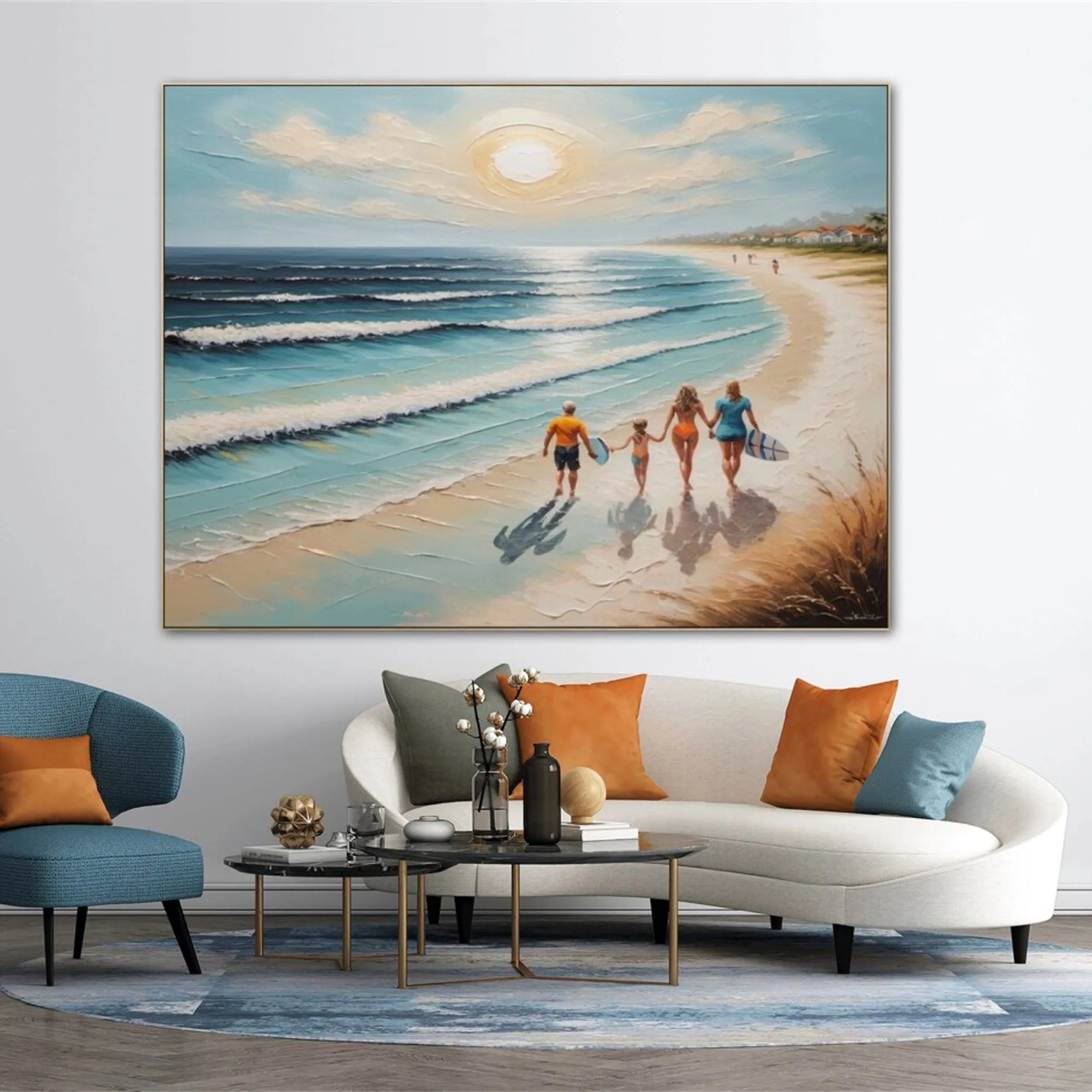 Family Beach Scene Painting – Vibrant Coastal Wall Art for Home Decor #JJ 277
