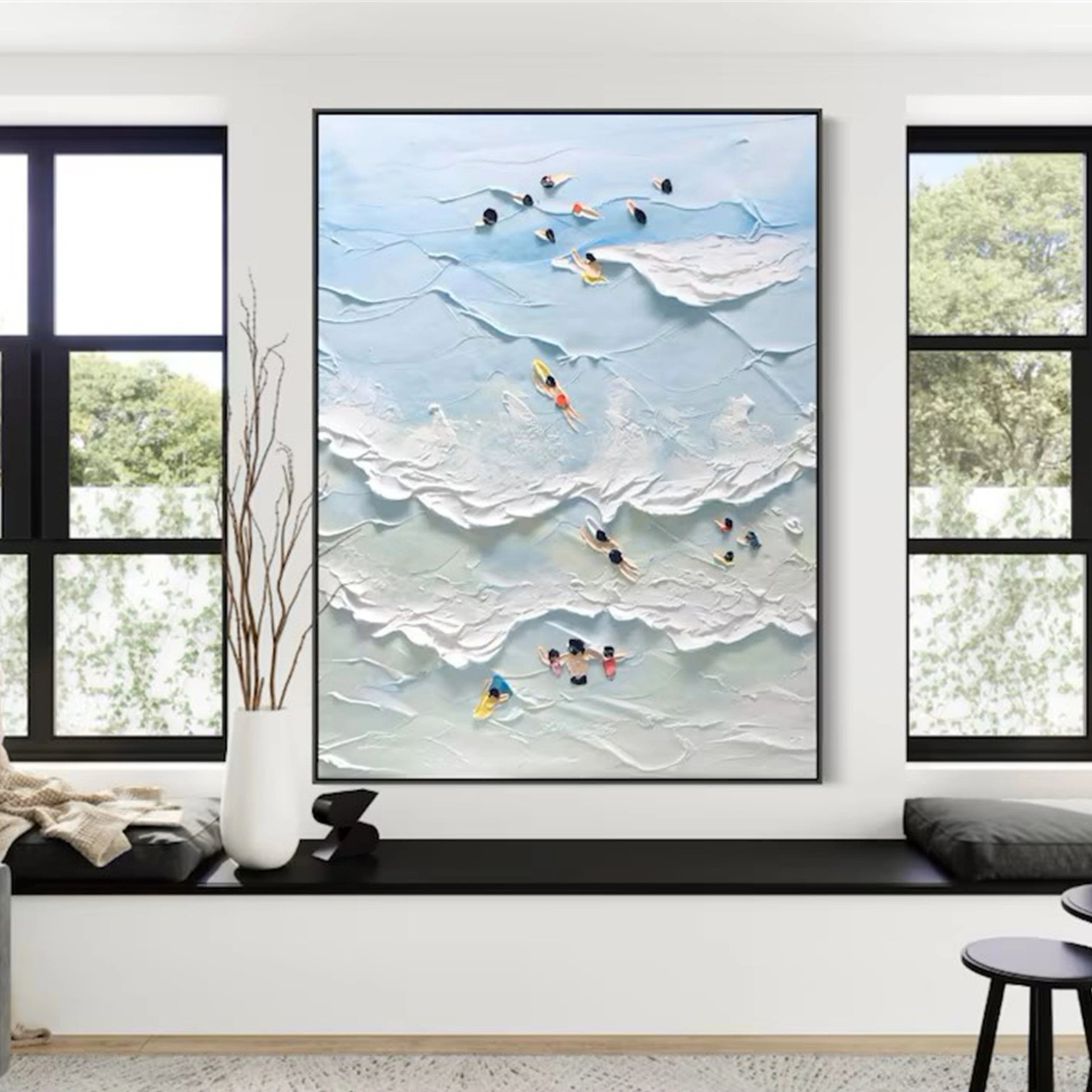 Large Vertical Ocean Wave Art | Textured Painting with Swimmers #ZZ 070