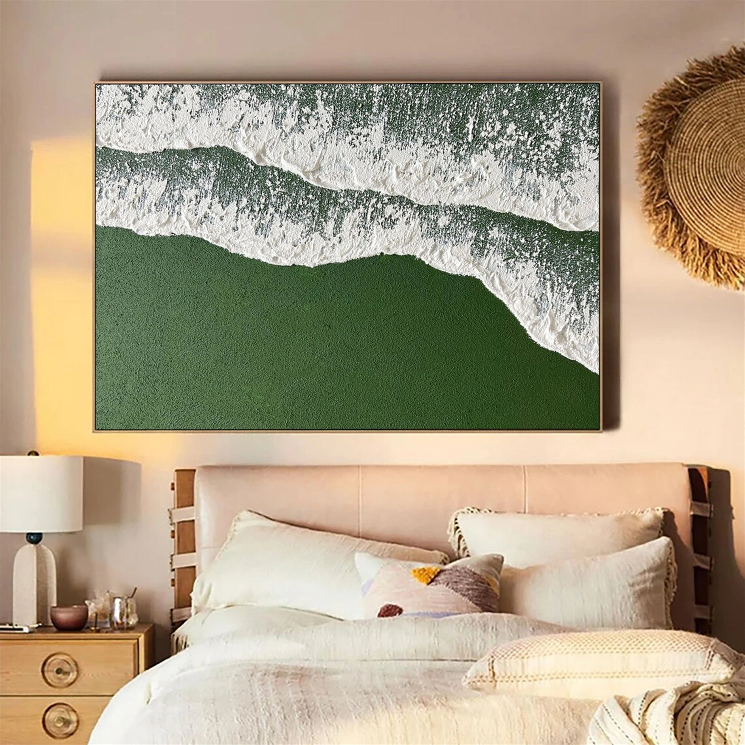 Green White Texture Painting - Shoreline Waves Wall Decor #JJ 256